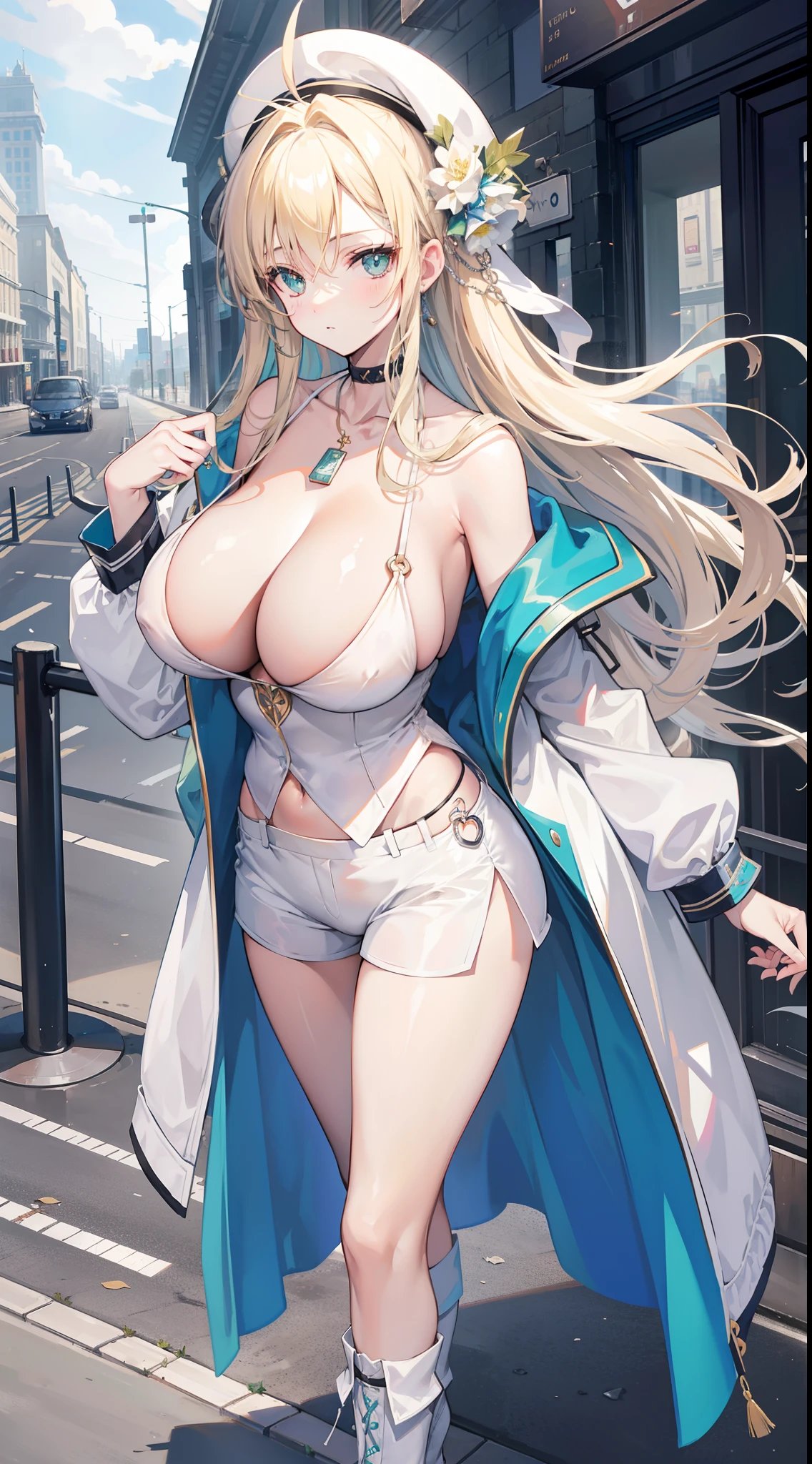 Chains，耳Nipple Ring，choker necklace，Forehead，middle parted hairstyle，femele，Train station，a beauty girl，Long light blonde hair，green pupills，Business suit，white business suit，in suit，White color blouse，(Ultra shorts)，wind coat，Cowboy hat，Flower arrangement on a hat，The streets of London，(Asymmetrical boots)，obi strip，tiese，wind coat，ssmile，huge tit，(cleavage)，(huge tit)，(condom)