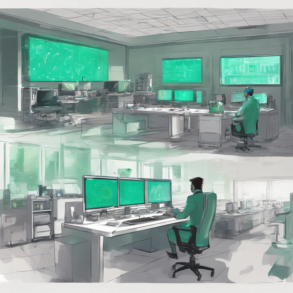 white and light green room,Meticulous environment,monitor with data dashboards everywhere, a scientist working on 1 computer, masterpiece, 8k, high resolution