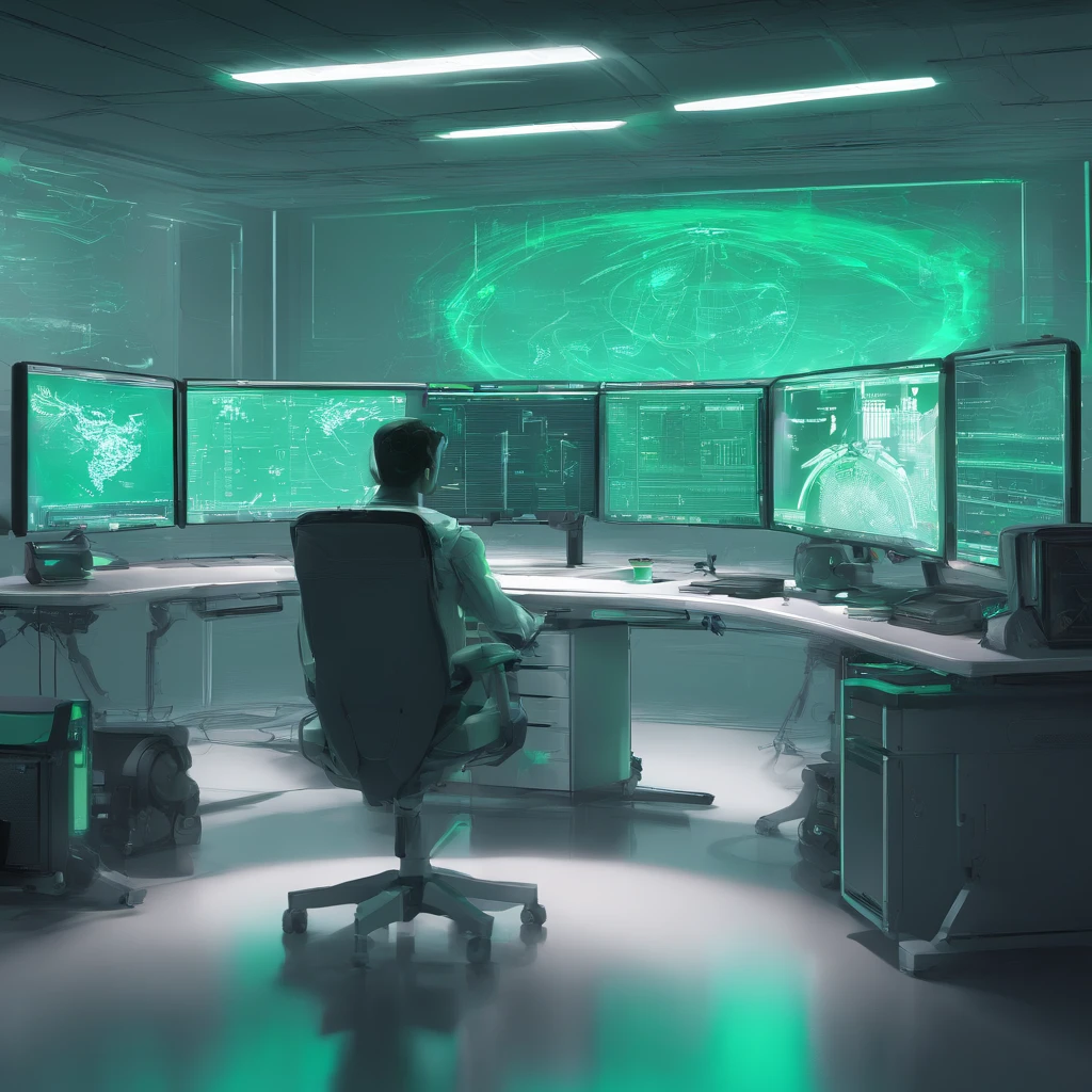 white and light green room,Meticulous environment,monitor with data dashboards everywhere, a scientist working on 1 computer, masterpiece, 8k, high resolution