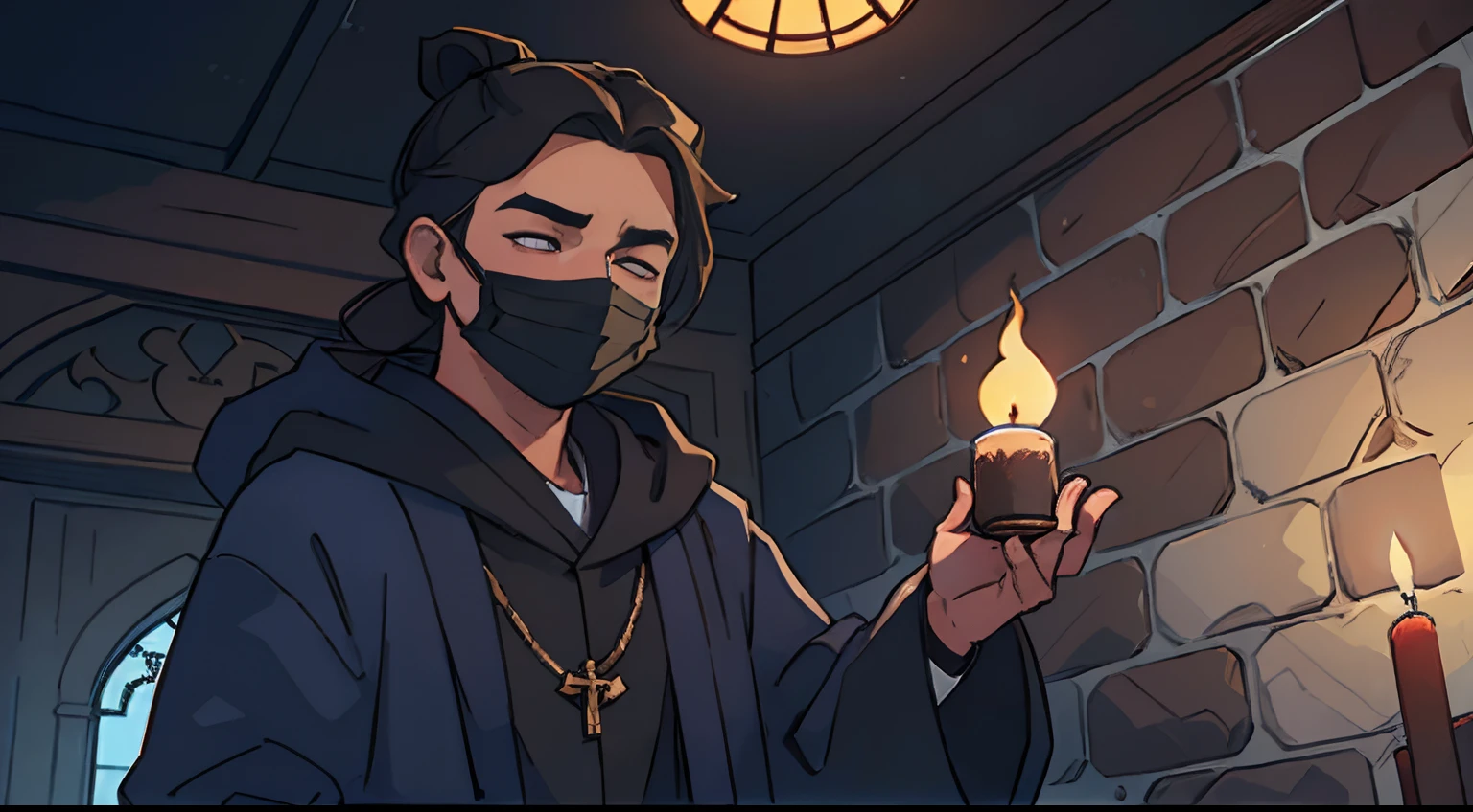 one man only, brown man bun, messy brown hair, closed eyes, black half face mask, nose under black mask, mouth under black mask, chin under black mask, deep navy blue and pure white priest’s robes, deep navy blue and white robes, standing, victory pose, confident pose, formal pose, inside old church, candlelit scene, cobblestone walls, realistic lighting, cinematic lighting, ray traced lighting, 4k resolution, HDR, cinematic perfection, unbeatable masterpiece, perfect anatomy, anatomically correct, perfect hands, perfect face