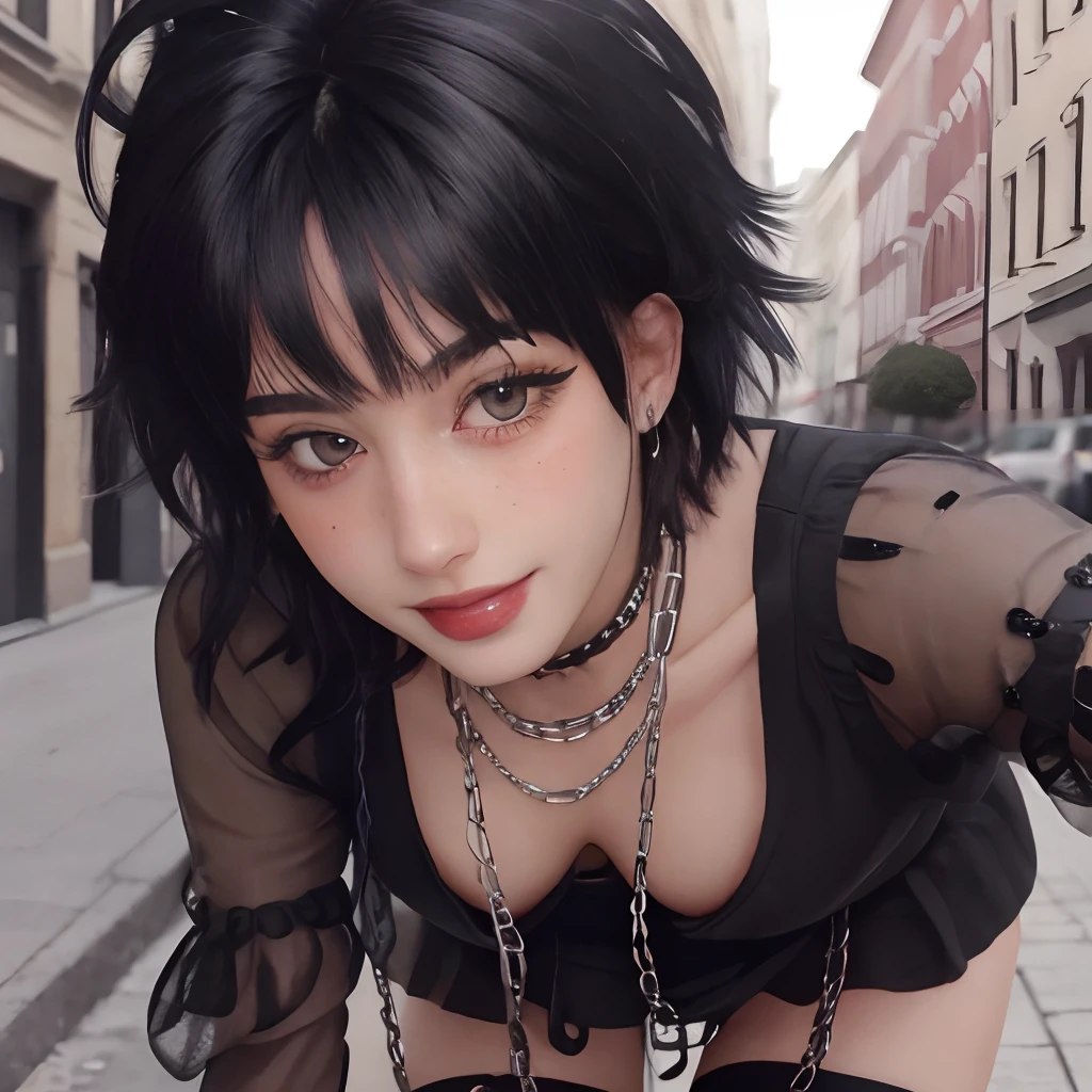 masterpiece, best quality,realistic,absurdres,1girl,looking at viewer,egirl_outfit,egirl_face, night, street, face detail, face retouch, downblouse, leaning forward, massive breasts, smiling, laughing, spiky hair with wispy bangs, chains, spiky hair, spiked hair, blush, freckles, black hair, mesh sleeves, mesh thighhighs, breasts view