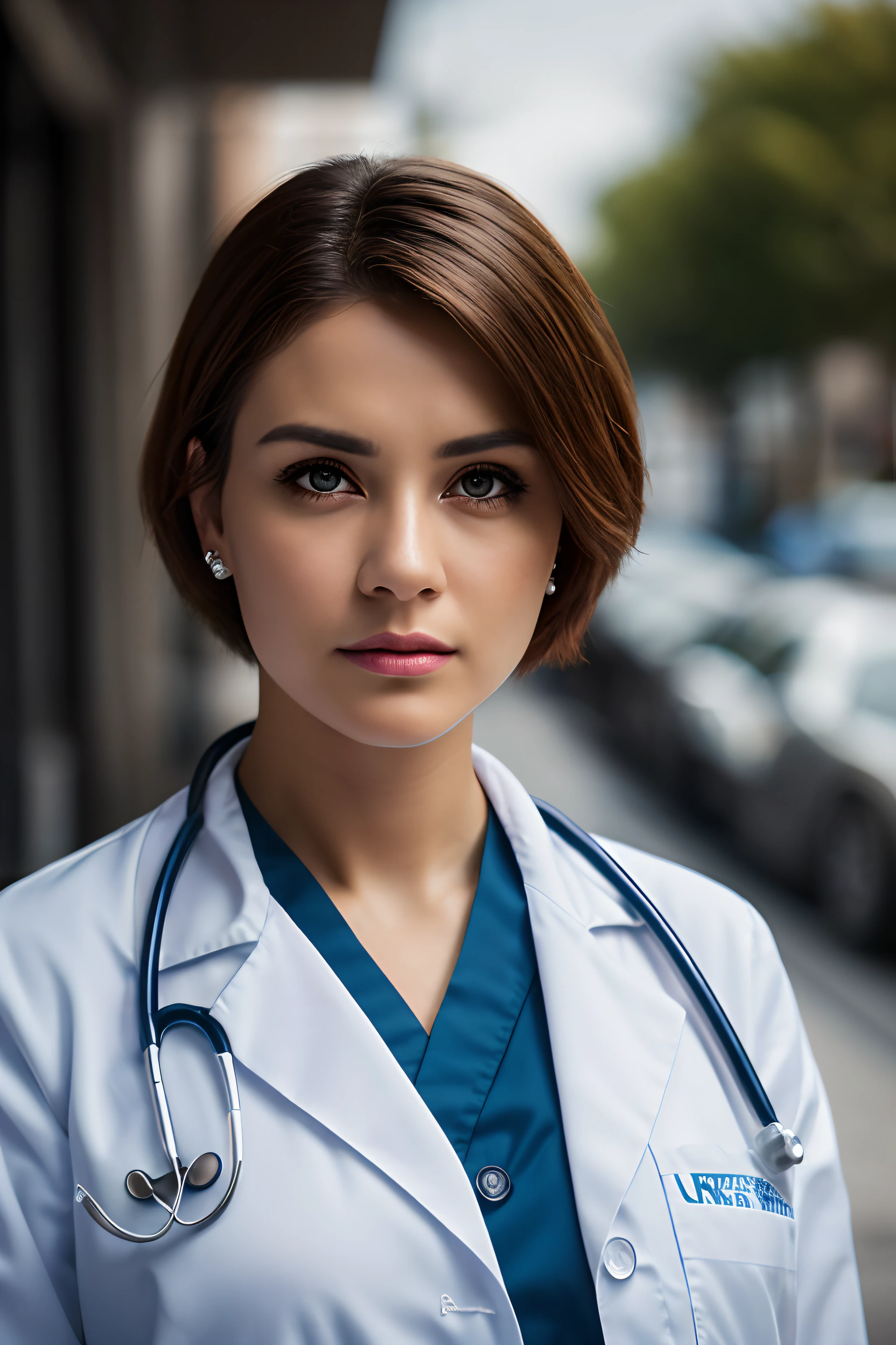 tmasterpiece,best quality,HDR, hiper HD, 8k,Bokeh,pintura ultrafina,foco nítido,rendering physically based,extreme detail description,Retratos,Close-up,1Woman dressed as a doctor.cabelo curto e detalhado,Sexy criado, Outside the café, kinematic lighting,dramatic lighting,(EOS R8, 50 millimeters, F1.2, 8k, foto raw:1.2)