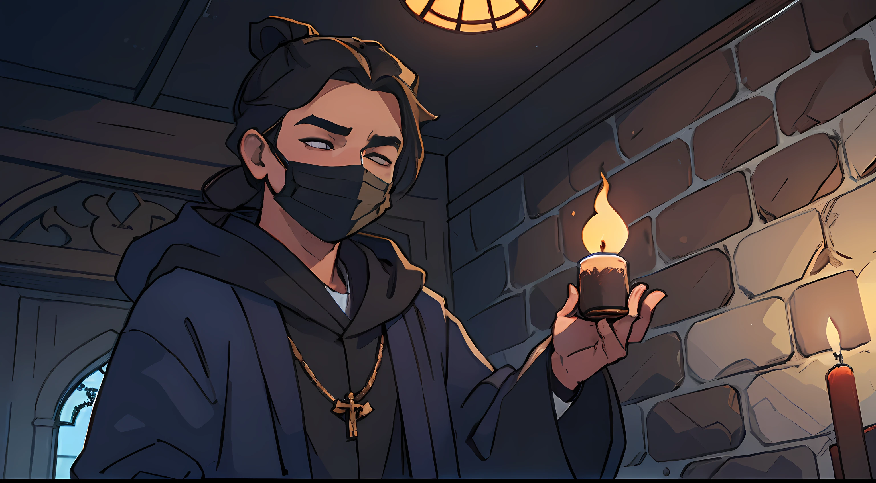 one man only, brown man bun, messy brown hair, closed eyes, black half face mask, nose under black mask, mouth under black mask, chin under black mask, deep navy blue and pure white priest’s robes, deep navy blue and white robes, standing, victory pose, confident pose, formal pose, inside old church, candlelit scene, cobblestone walls, realistic lighting, cinematic lighting, ray traced lighting, 4k resolution, HDR, cinematic perfection, unbeatable masterpiece, perfect anatomy, anatomically correct, perfect hands, perfect face