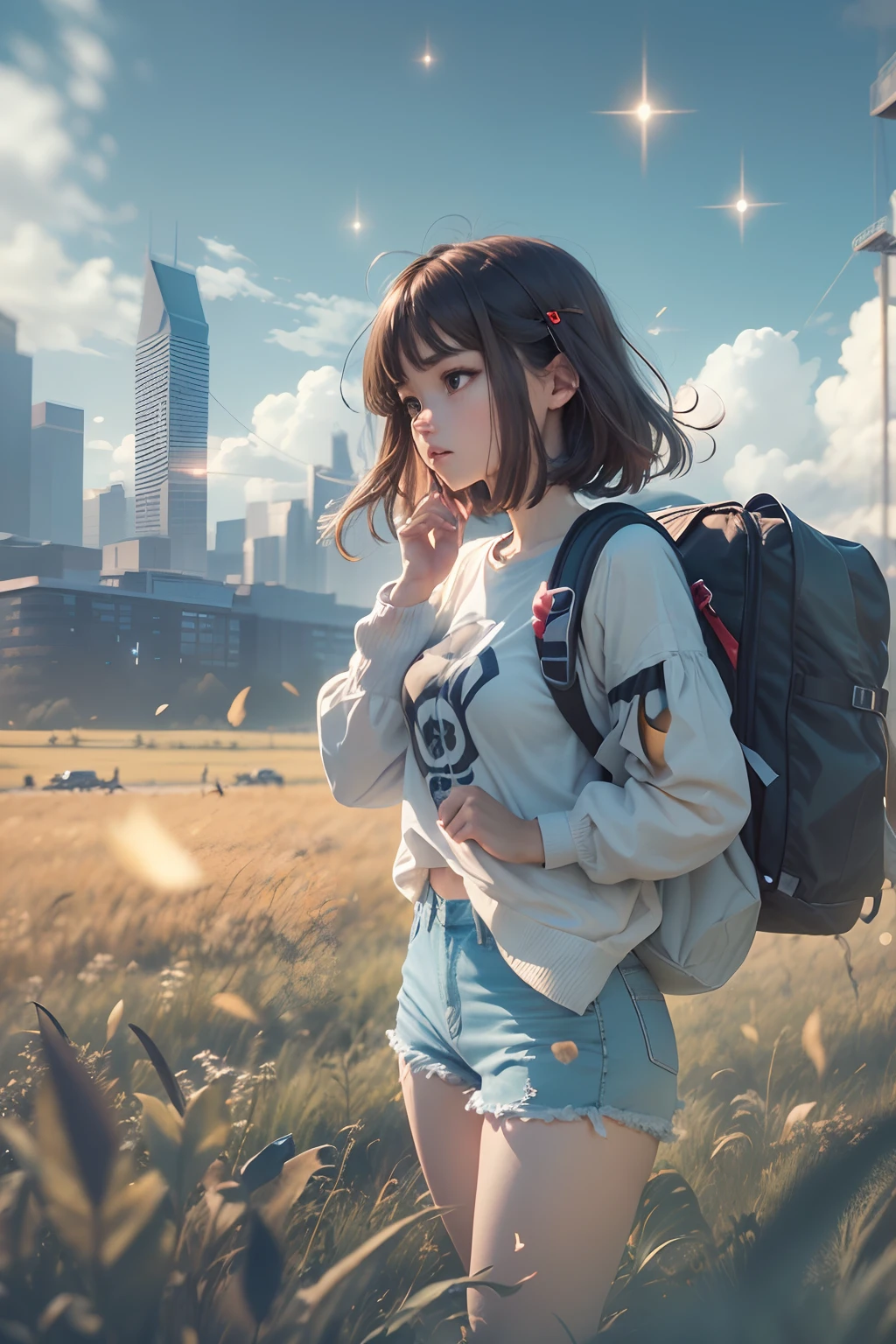 Vast sky、the beautiful skyline、Large grasslands、extremely tense and dramatic pictures、the moving visual effects、high hanging Polaris、and colorful natural light。Long-sleeved tops、Denim shorts、And a brown-haired short-cut girl with a backpack。