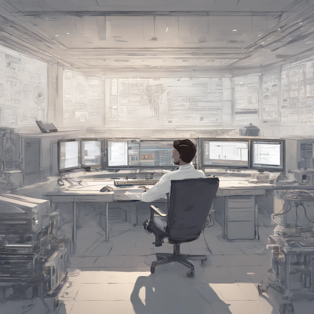 white and slightly brownish room,Meticulous environment,monitor with data dashboards everywhere, a scientist working on 1 computer, masterpiece, 8k, high resolution