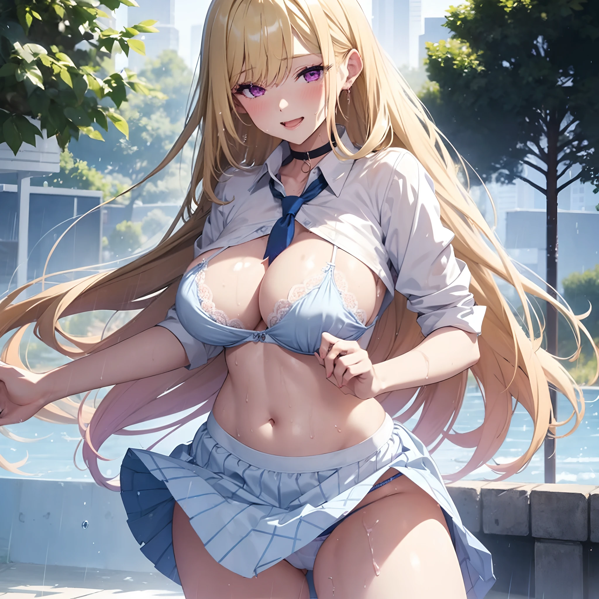 1 girl, long hair, blonde hair, violet eyes, large breast, unbottened shirt, white bra, blue skirt, white panties, she wet, drenched, nipple perked out, outdoor, light rain,