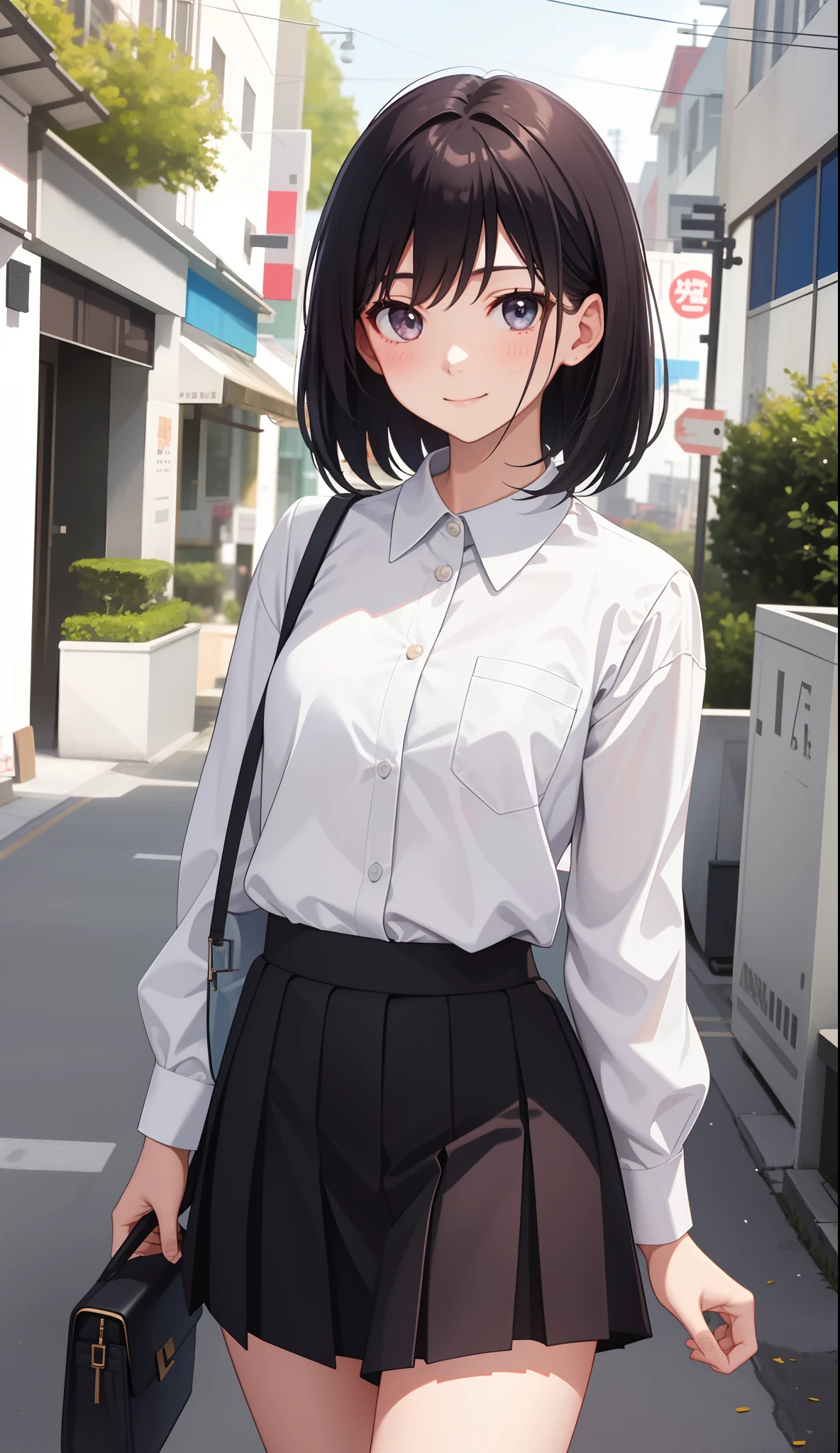 1girl in、AS-Adult、A smile、The shirt、skirt by the、(small tits)、Walking with a thigh、Upper body portrait、