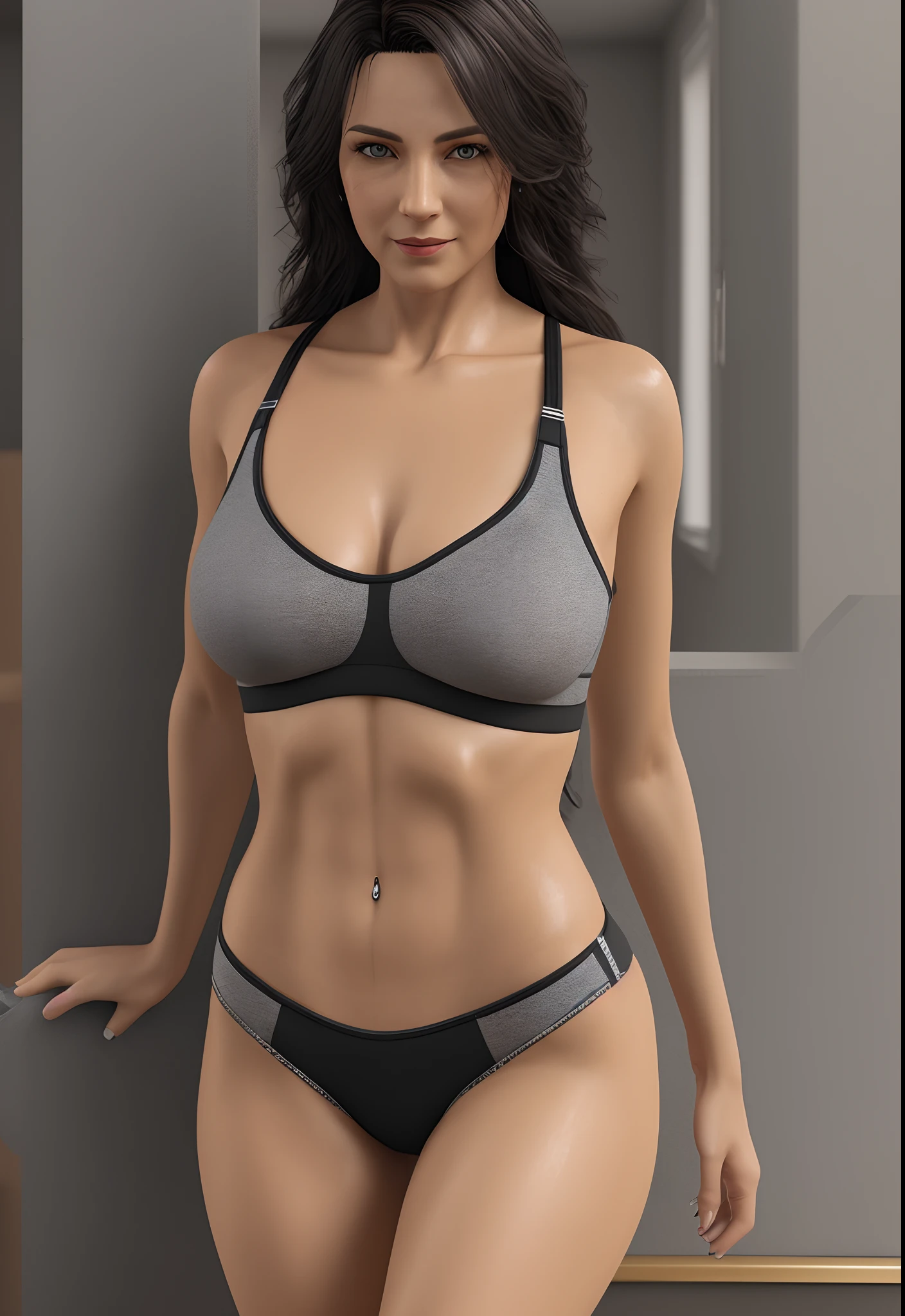 Physician, 42 years Old Woman, photorealistic, high resolution, 1 women, solo, hips up, look at viewer, (detailed face), black hair, Long Hair, sexy doctor outfit, Sport Bra, detailing wet full body,big cleavage tits, 24K