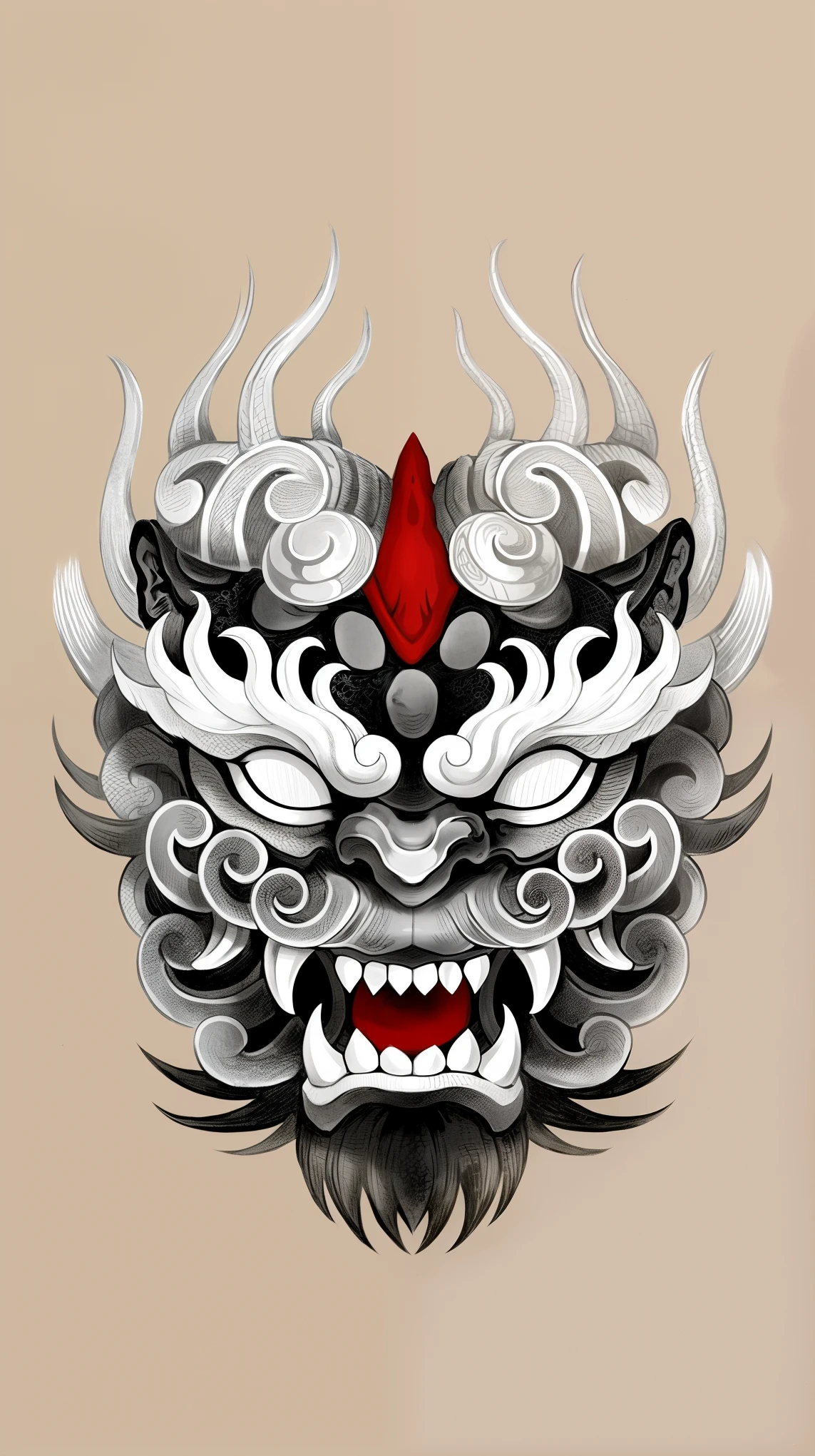 Close-up of a painting of the devil in the red hat, Oni Mask, symmetry!! Portrait of Akuma, Demon Samurai Mask, making: Kanō Tan'yū, dragon face, Samurai Mask, Tattoo design, Chinese Dragon Concept Art, Detailed bush diagram mode acting, Intricate and diabolical design, Dragon Head, ChineseDragon, Traditional Japanese concept art
