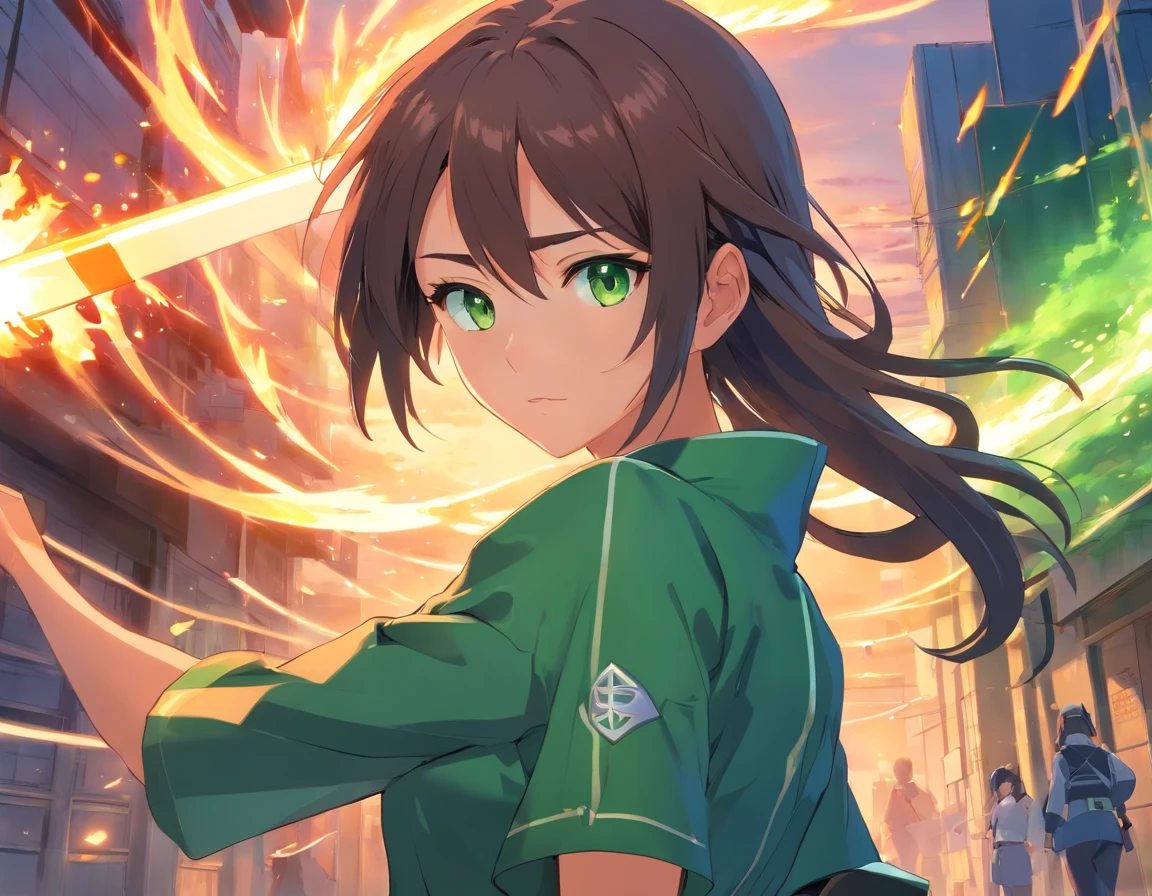 anime style, long back hair, with green eyes wearing shinobi uniform with katana around her waste