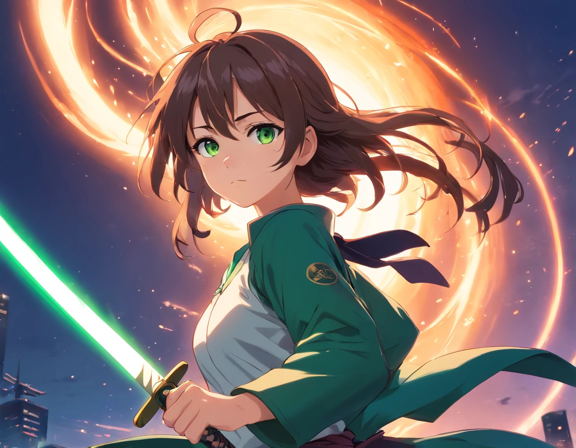 anime style, long back hair, with green eyes wearing shinobi uniform with katana around her waist