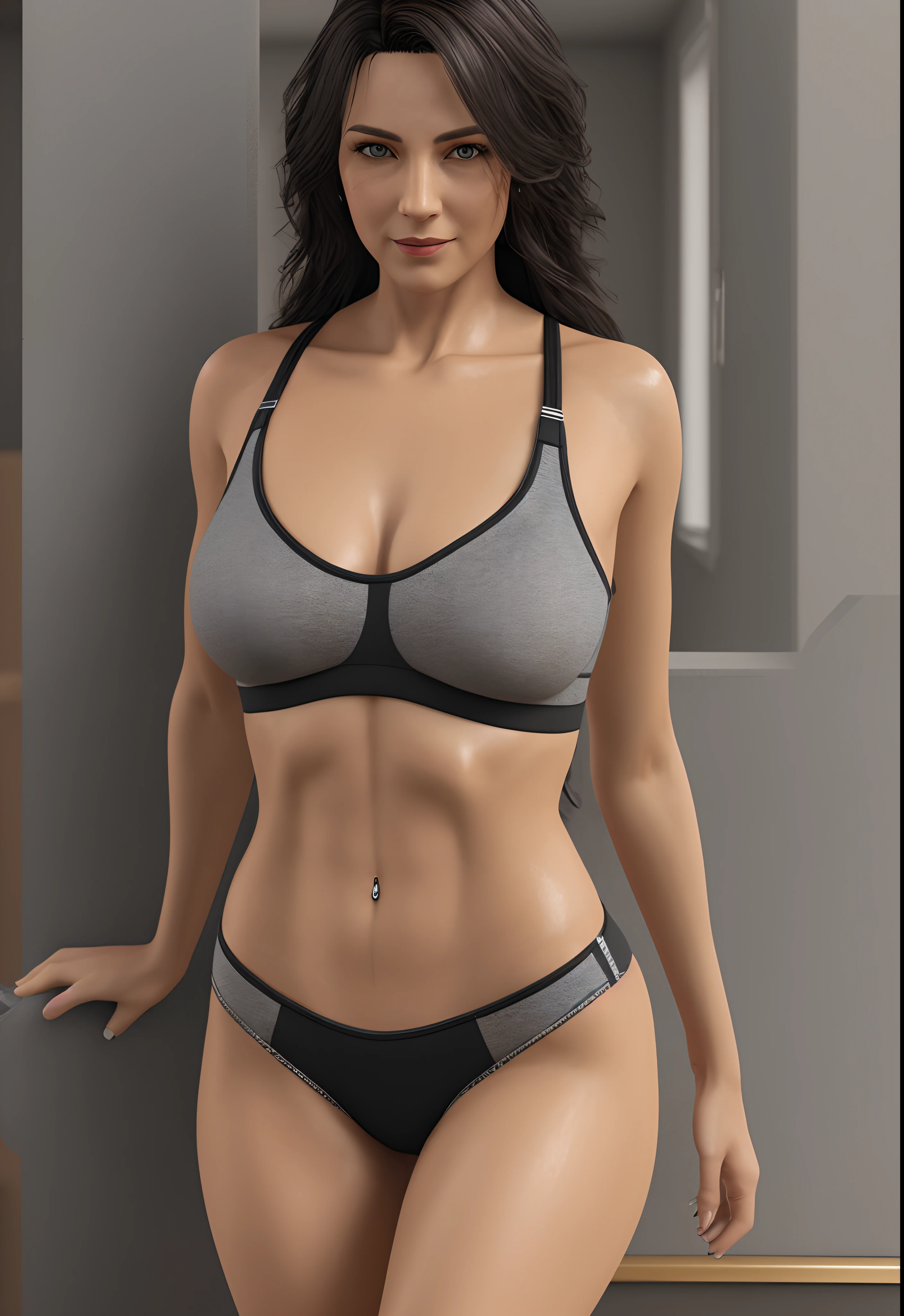 Physician, 42 years Old Woman, photorealistic, high resolution, 1 women, solo, hips up, look at viewer, (detailed face), black hair, Long Hair, sexy doctor outfit, Sport Bra, detailing wet full body,big cleavage tits, 24K