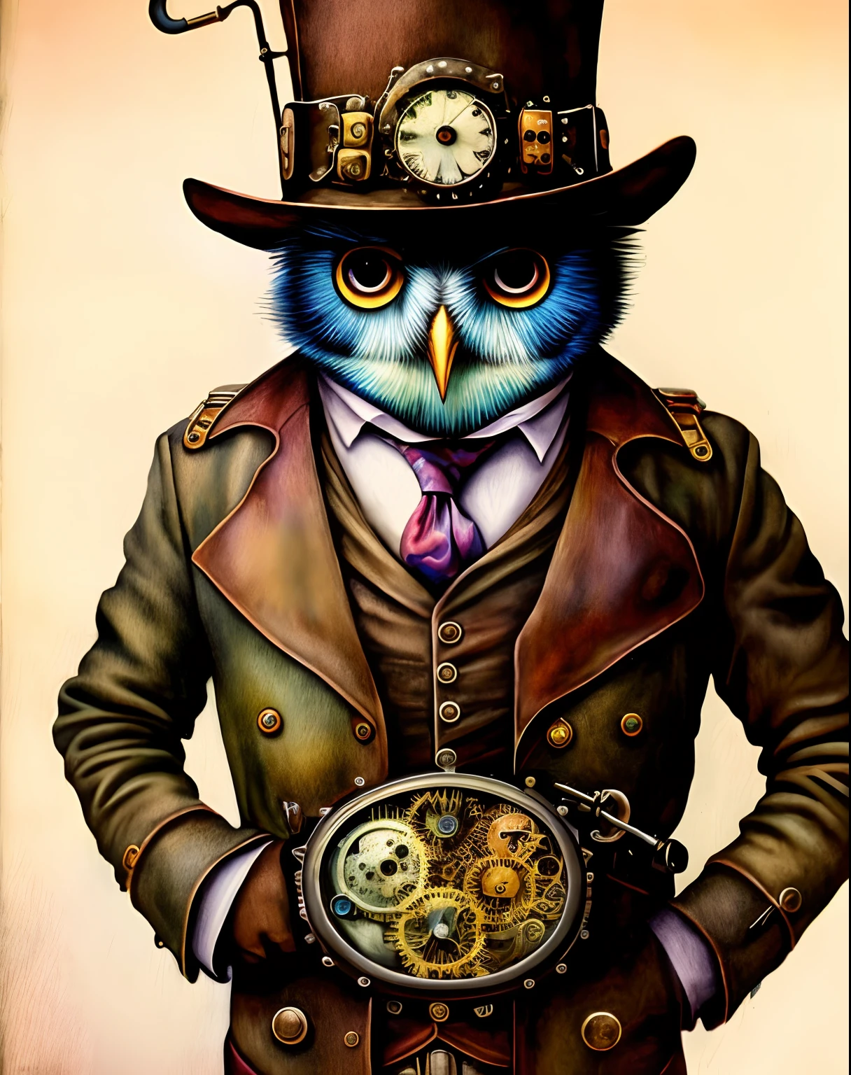 wtrcolor style, surrealism, anthro, Award winning ultra realistic Full body watercolor painting of an (((anthropomorphic))) Evil ((Steampunk)) owl, 10k high resolution, ink drips, Perfect Skin, Perfect hands, nffsw, high quality macro photo, render, colorfulsurrealismai, eonn,