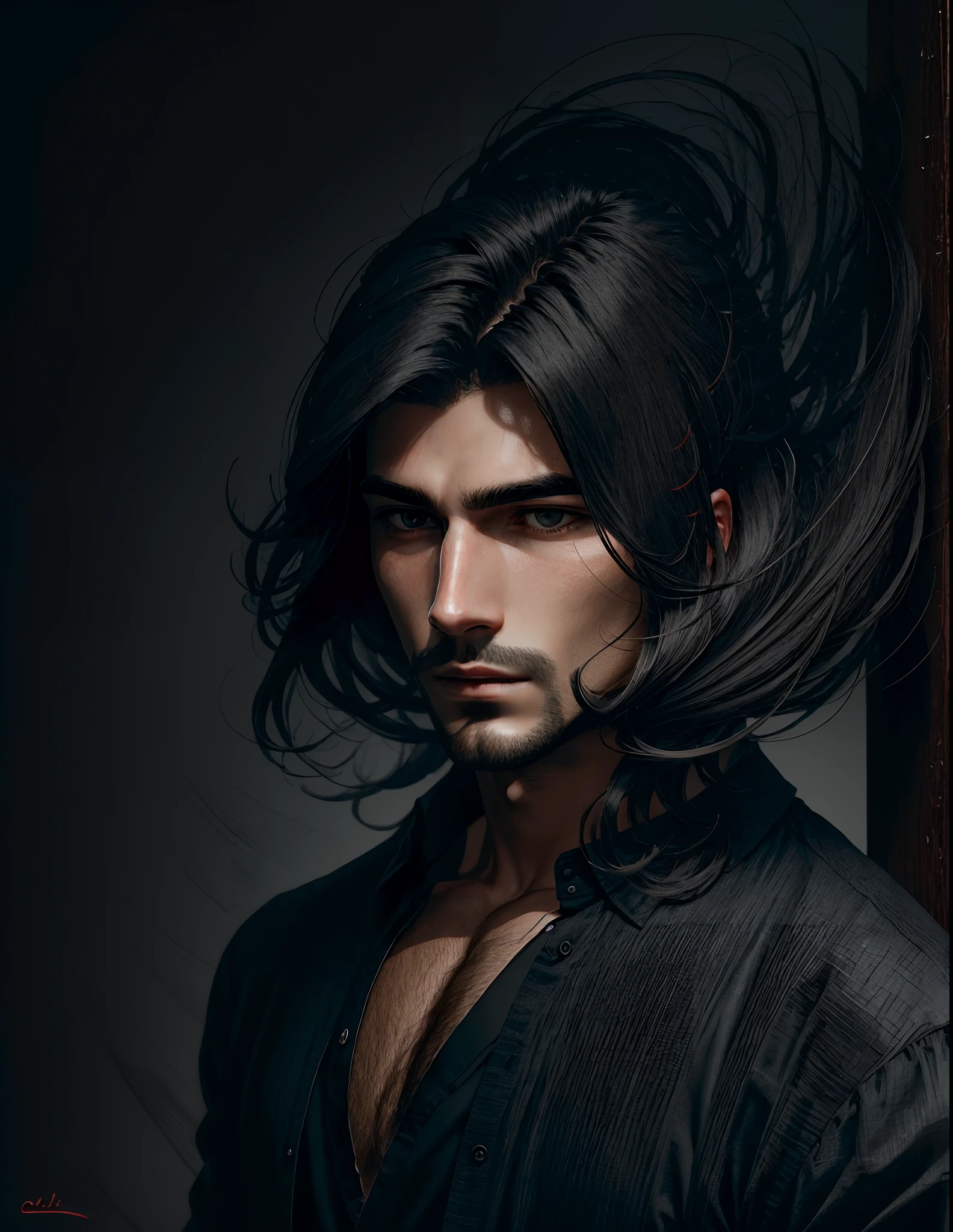 cabelos preto e longos,Delicate facial features,OL clothing,His face was slightly red