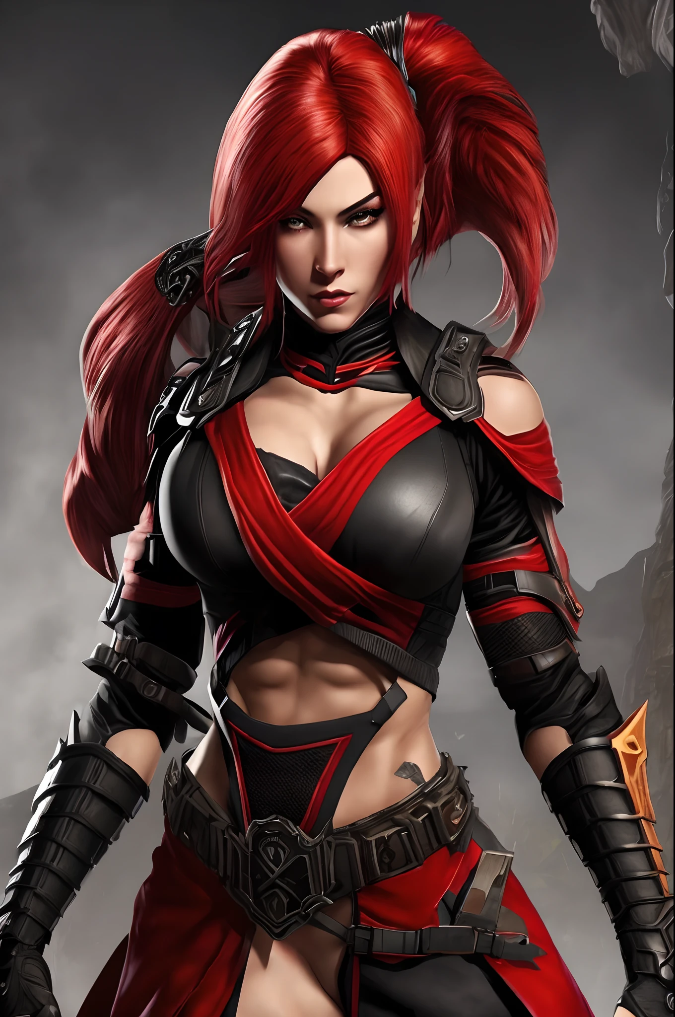 (masterpiece, top quality, best quality, official art, beautiful and aesthetic:1.2), (1girl:1.3), (fractal art:1.3), solo, skarlet  from mortal kombat, skarlet mk11, skarlet mk9, Mortal Kombat video game, black headband, long hair, huge breasts,big butt, slim sexy legs, beautiful faces, red face mask, american lady, red ninja uniform for lady, black gloves, red bllody hair, red long socks, long red footwear, a ball of blood floating from hand , large breasts,sexy ninjared  uniform , earrings, looking at viewer, upper body, fighting stance, in of her background Mortal kombat logo,