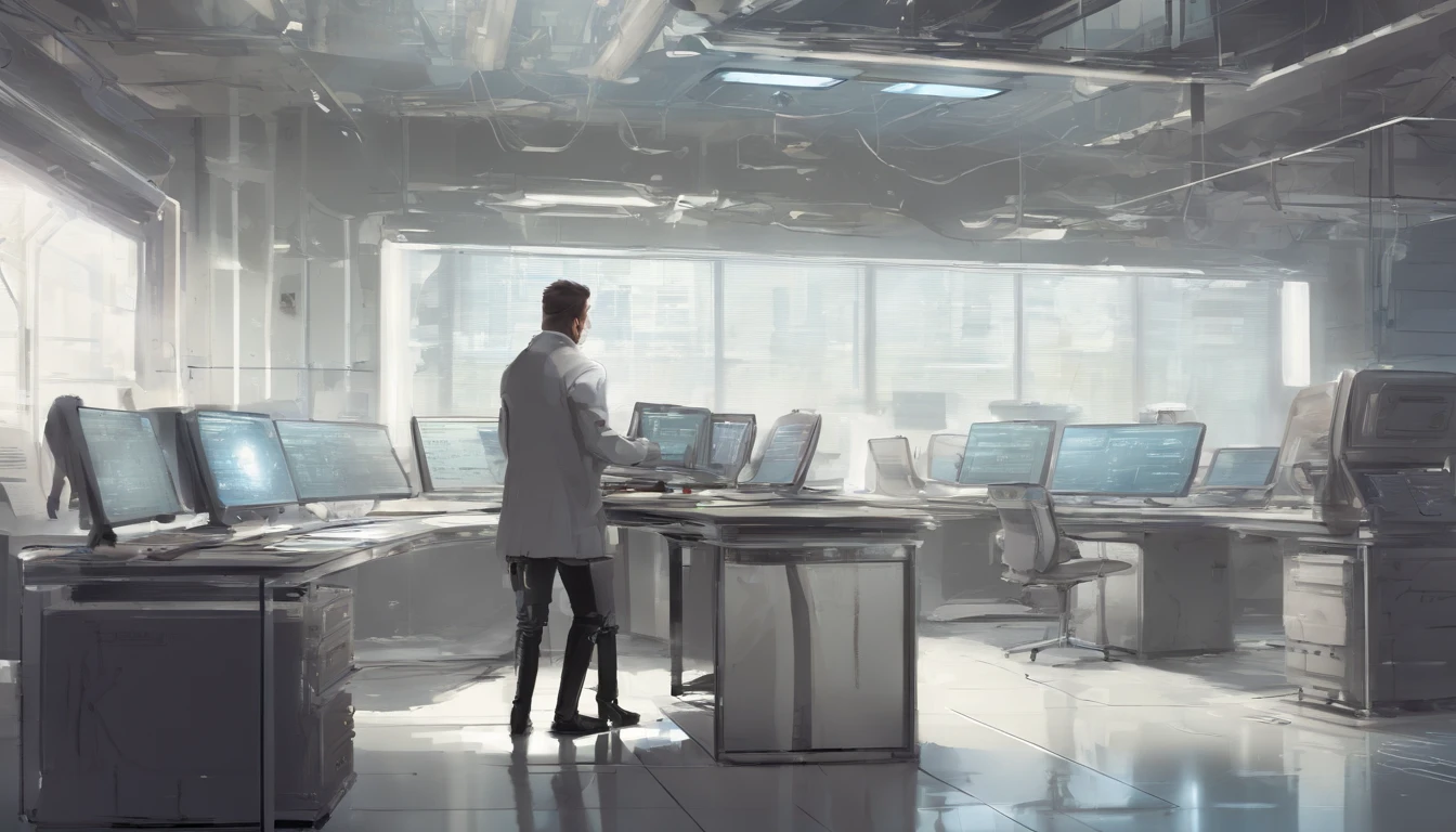 white and slightly brownish room,Meticulous environment,monitor with data dashboards everywhere, a scientist working on 1 computer, masterpiece, 8k, high resolution