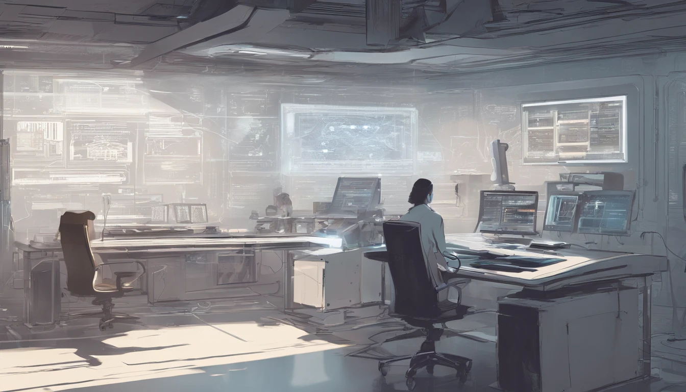 white and slightly brownish room,Meticulous environment,monitor with data dashboards everywhere, a scientist working on 1 computer, masterpiece, 8k, high resolution