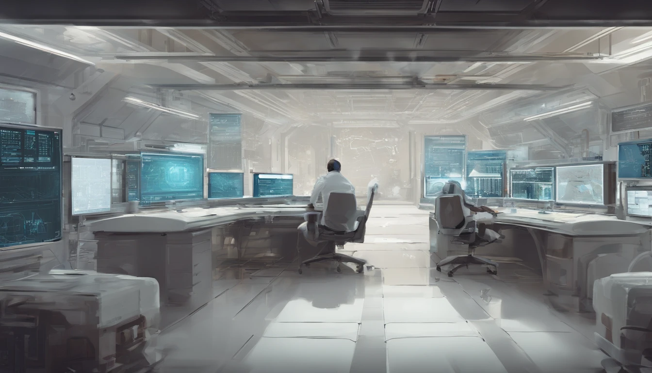 white and slightly brownish room,Meticulous environment,monitor with data dashboards everywhere, a scientist working on 1 computer, masterpiece, 8k, high resolution