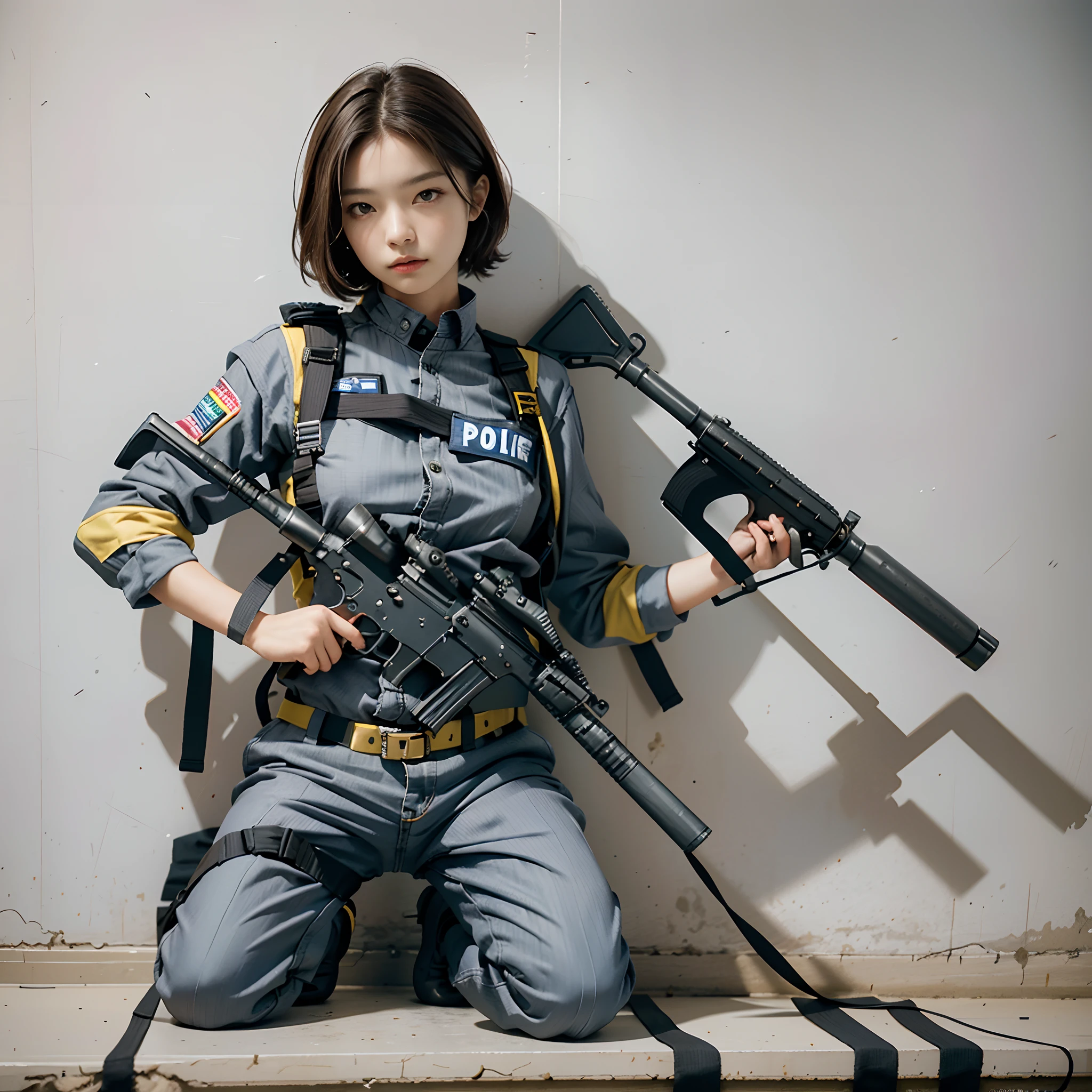 Solo highly condensed with combat action、Solo Shot、(Whole body:0.5, view front))actionpose、Highest image quality, excellent details, Ultra-high resolution, (Realism: 1.4), ((Full body:0.5, view front)), One girl highly condensed in combat action, With a beautiful and delicate face, ((Shoot machine guns)), (Wearing a racing suit and liking police uniform, military harness), holding a machine gun, Simple gray wall on background,