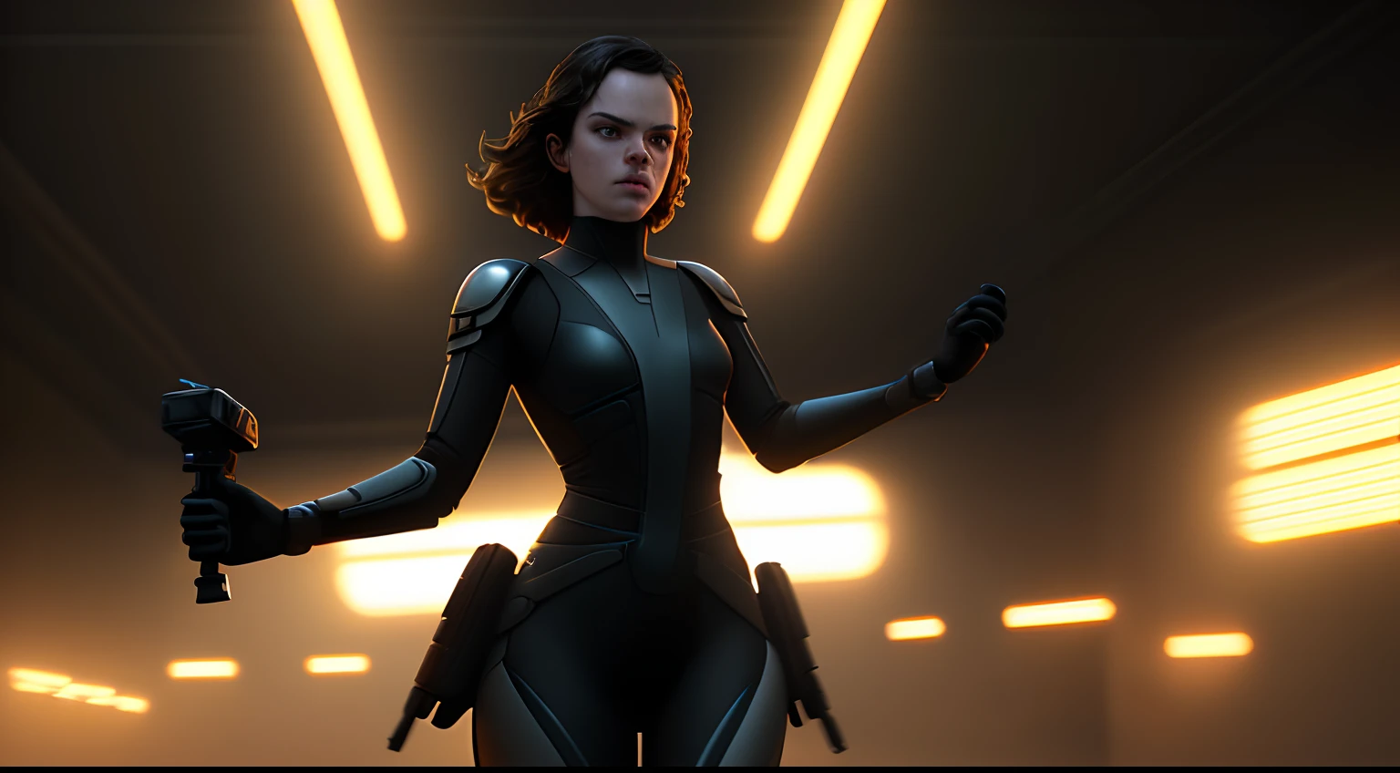 Hot Sci fi action of Daisy Ridley photography, natural light, photorealism, cinematic rendering, ray tracing, the highest quality, the highest detail, Cinematic, Third-Person View, Blur Effect, Long Exposure, 8K, Ultra-HD, Natural Lighting, Moody Lighting, Cinematic Lighting