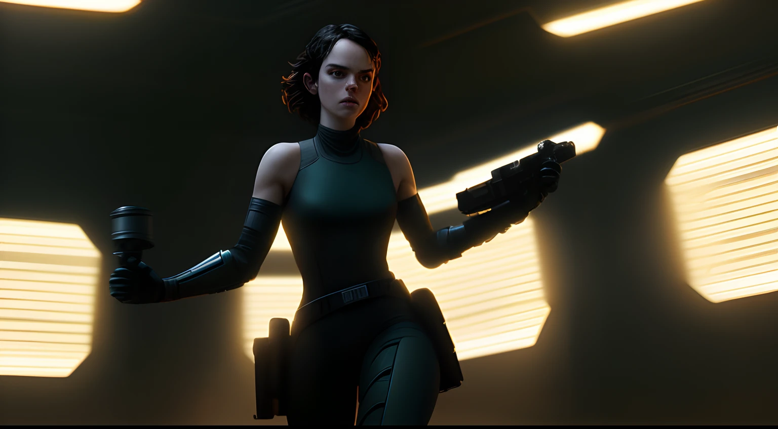 Hot Sci fi action of Daisy Ridley photography, natural light, photorealism, cinematic rendering, ray tracing, the highest quality, the highest detail, Cinematic, Third-Person View, Blur Effect, Long Exposure, 8K, Ultra-HD, Natural Lighting, Moody Lighting, Cinematic Lighting