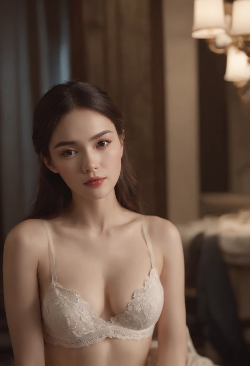 ((Superior Quality, 8K, ​masterpiece: 1.3)), 1 Women, Slender: 1.3, colossal: 1.2, A dark-haired, Pose Seductive, bedroom, hyperdetailed face, high and detailed lips, A detailed eye, 二重まぶた, full bodyesbian, The large, Ultra Real, ６０Age, surrealistic, race underwear