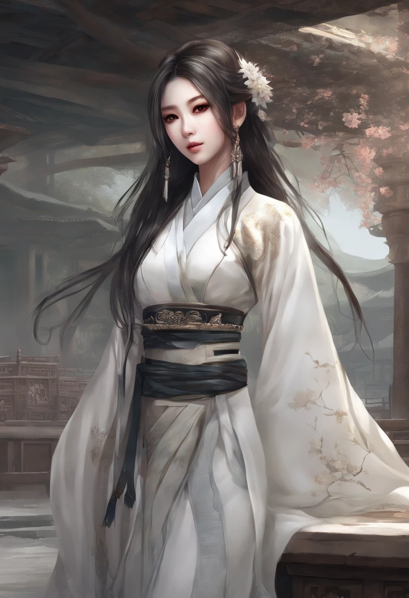bestquality, Piece Table, ultra-high resolution, (Realistic: 1.4), Xiuxian, Smiles, Shy, , Delicate makeup, Spectacular jewelry, long-haired, face detail,, 1 girl, White Clothes, Lotus Print, Maple leaf printing, bara, weapons, (Magic Circle: 1.2), Xiuxian, Full Gluten, beautiful girl, full body image, East Asian Architecture, under, build, sullen, hanfu.