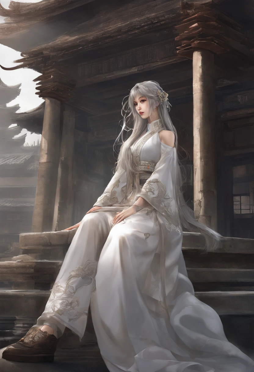 bestquality, Piece Table, ultra-high resolution, (Realistic: 1.4), Xiuxian, Smiles, Shy, , Delicate makeup, Spectacular jewelry, long-haired, face detail,, 1 girl, White Clothes, Lotus Print, Maple leaf printing, bara, weapons, (Magic Circle: 1.2), Xiuxian, Full Gluten, beautiful girl, full body image, East Asian Architecture, under, build, sullen, hanfu.