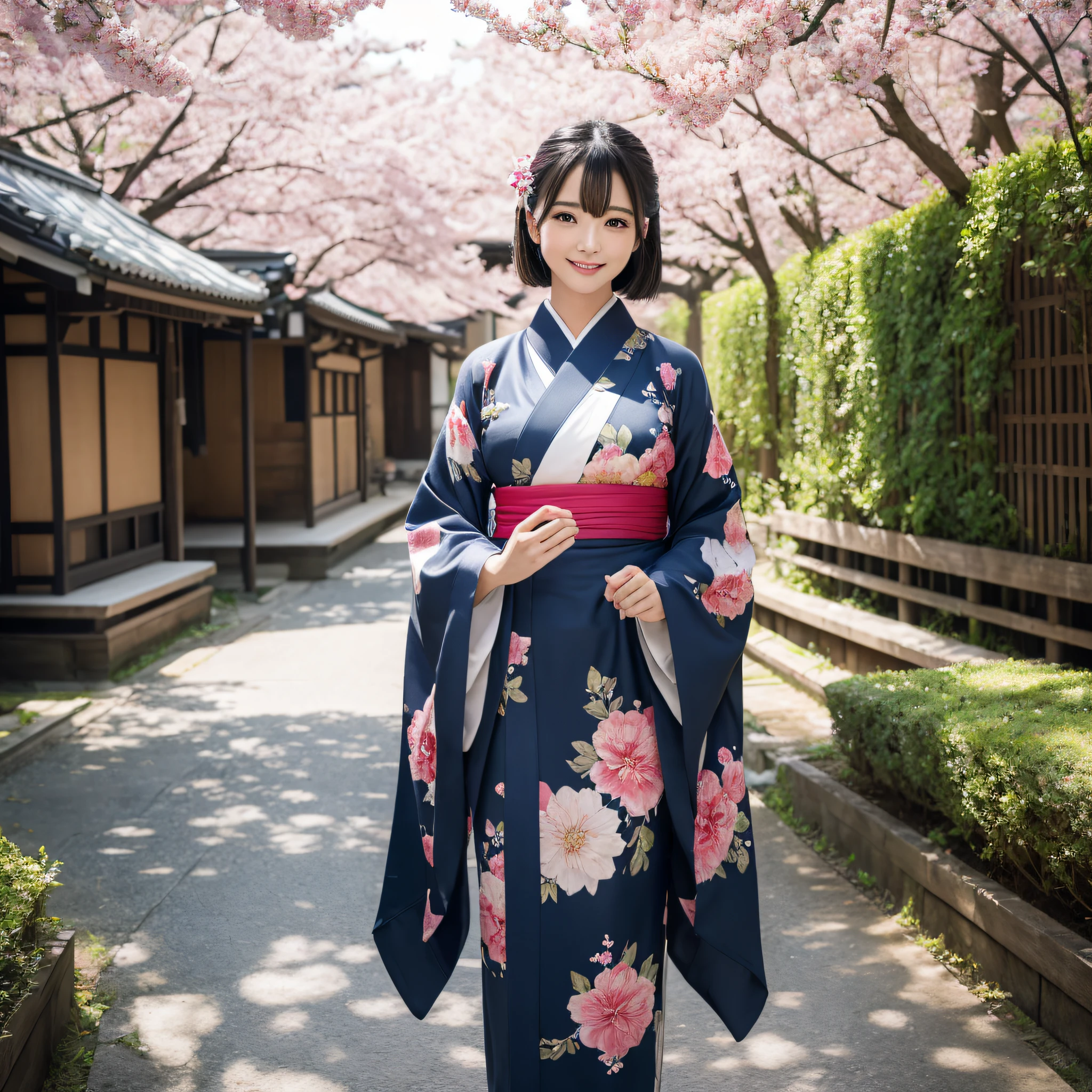 (Super beautiful woman in kimono)、((best qualtiy、8k masterpieces:1.3))、foco nítido:1.2、(ultra beautiful faces:1.0)、(shinny skin:1.0)、photos realistic、A dark-haired、Video Lighting、High-definition eyes and face、Video Lighting、Japanese actressl、from the front side、medium breasts、With a happy smile、Slender Abs Beauty、Whole body、wearing kimonos、Under the cherry