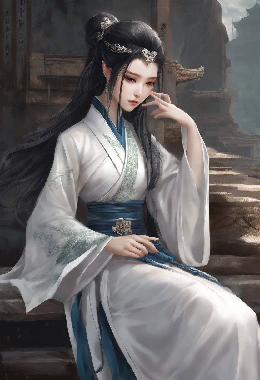 bestquality, Piece Table, ultra-high resolution, (Realistic: 1.4), Xiuxian, Smiles, Shy, , Delicate makeup, Spectacular jewelry, long-haired, face detail,, 1 girl, White Clothes, Lotus Print, Maple leaf printing, bara, weapons, (Magic Circle: 1.2), Xiuxian, Full Gluten, beautiful girl, full body image, East Asian Architecture, under, build, sullen, hanfu.