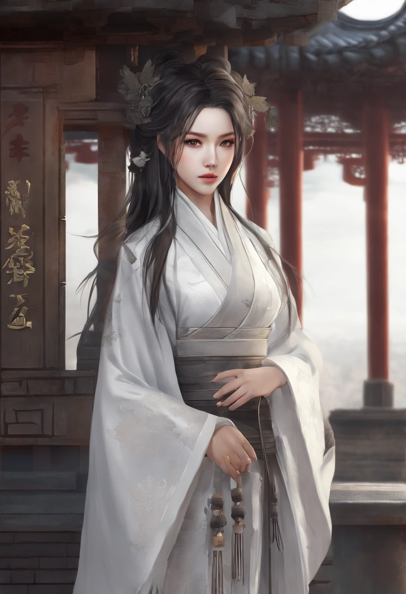 bestquality, Piece Table, ultra-high resolution, (Realistic: 1.4), Xiuxian, Smiles, Shy, , Delicate makeup, Spectacular jewelry, long-haired, face detail,, 1 girl, White Clothes, Lotus Print, Maple leaf printing, bara, weapons, (Magic Circle: 1.2), Xiuxian, Full Gluten, beautiful girl, full body image, East Asian Architecture, under, build, sullen, hanfu.