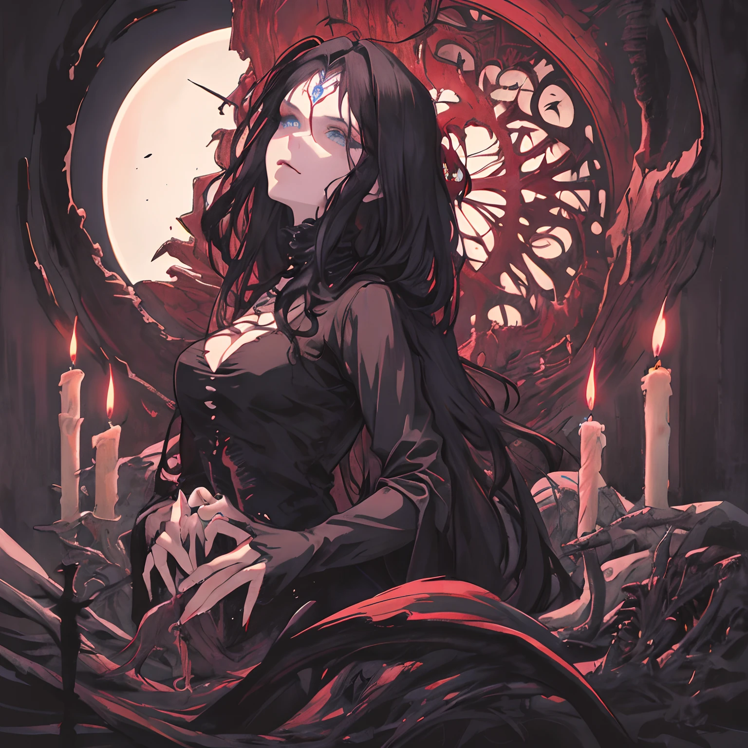 (masterpiece, best quality), 1lady, solo, (gothic), dream catcher, vampire, short black hair, loose waves, blue eyes, ,cute, (hg giger, art by hermann nitsch, zdzislaw beksinski, dariusz zawadzki, giger, Zdzislaw Beksinski), bed, candles, cross, skinny body, moon light, black shirt, night,