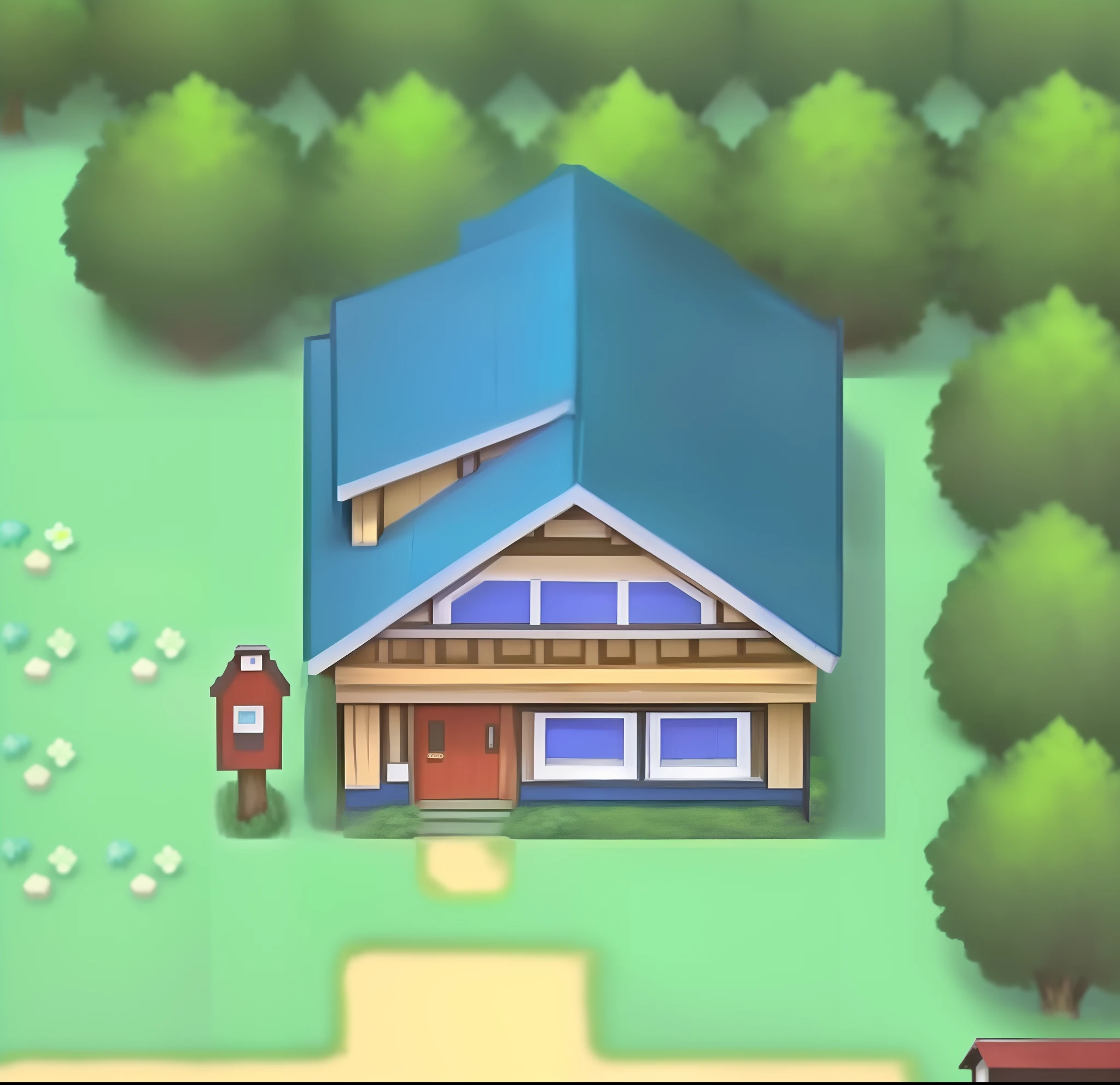 a close up of a small house in a forest with a blue roof, cottage town, for pokemon red and blue, 2000, 2 0 0 0, complete house, roofed forest, zelda, 2002, 2 0 0 2, similar to pokemon, ✨🕌🌙, 2 0 0 1, 2001