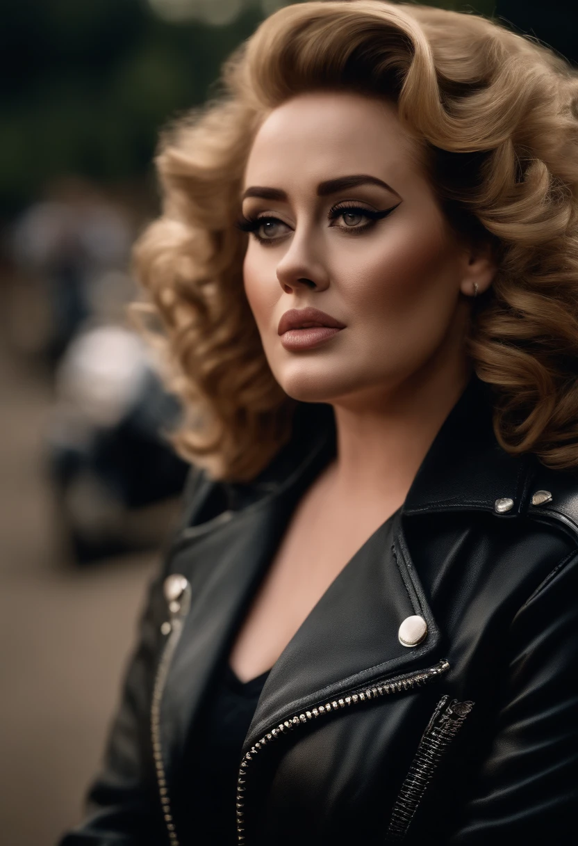 Adele as Sandy from Grease with curly hair and leather jacket