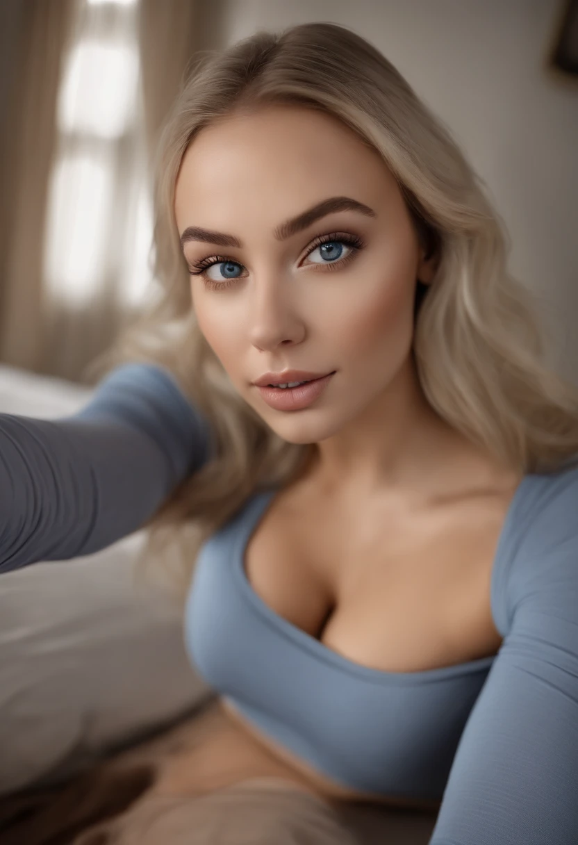 arafed woman fully , sexy girl with blue eyes, ultra realistic, meticulously detailed, portrait sophie mudd, blonde hair and large eyes, selfie of a young woman, bedroom eyes, violet myers, without makeup, natural makeup, looking directly at the camera, face with artgram, subtle makeup, stunning full body shot kneeling on bed, in bedroom, large size bust, sports bra and leggins
