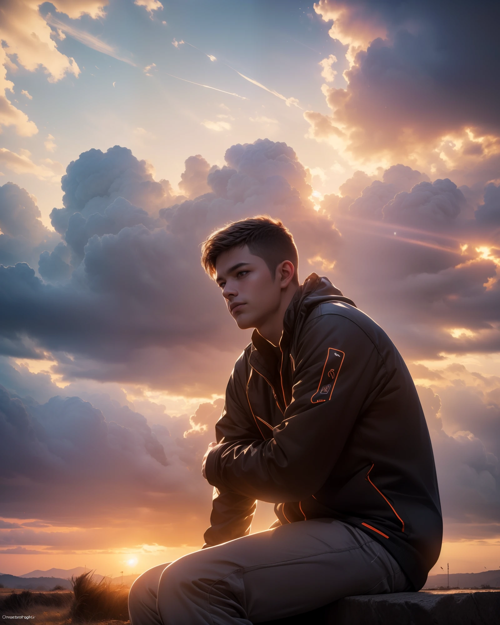 (8k, RAW photo, best quality, masterpiece:1.2),(realistic, photo-realistic:1.37), ((best quality)), ultra high res,extremely detailed CG unity 8k wallpaper, physically-based rendering,cinematic lighting,full body, (bokeh:1.4), (1boy), sit, watch sunset, warm sunset, beautiful sky, cloudy, airplane trails, view from far, from below