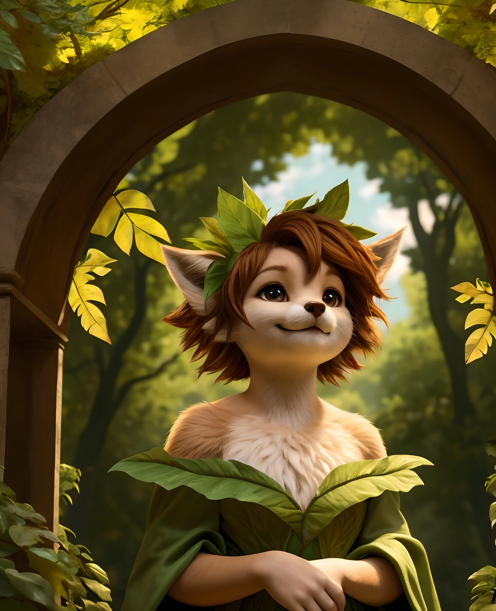 elora furry, detailed and extremely fluffy body fur, fluff, masterpiece, looking up beautiful surroundings, detailed background, happy, leaf-dress