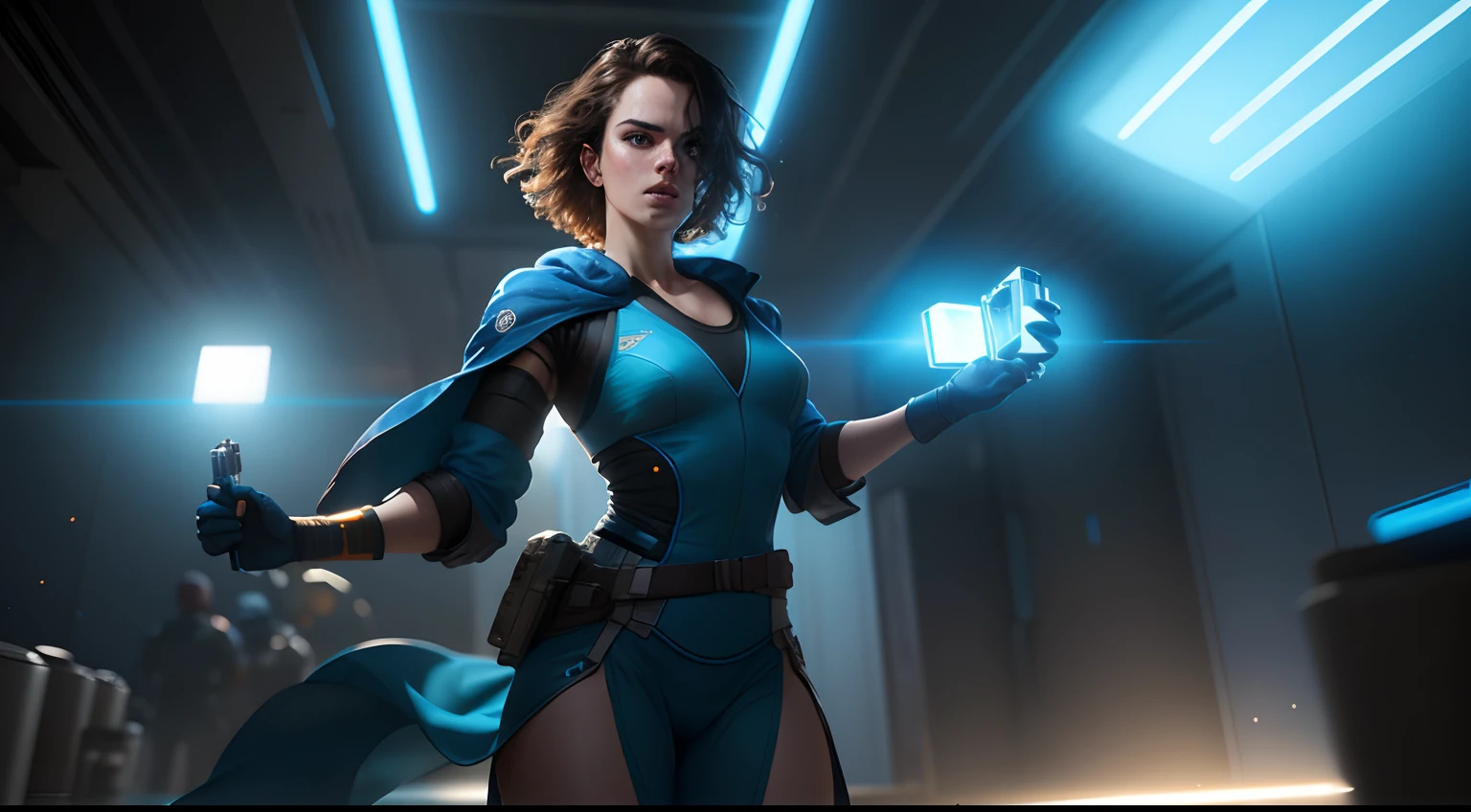 Hot Sci fi action of Daisy Ridley having blue energy photography, natural light, photorealism, cinematic rendering, ray tracing, the highest quality, the highest detail, Cinematic, Third-Person View, Blur Effect, Long Exposure, 8K, Ultra-HD, Natural Lighting, Moody Lighting, Cinematic Lighting