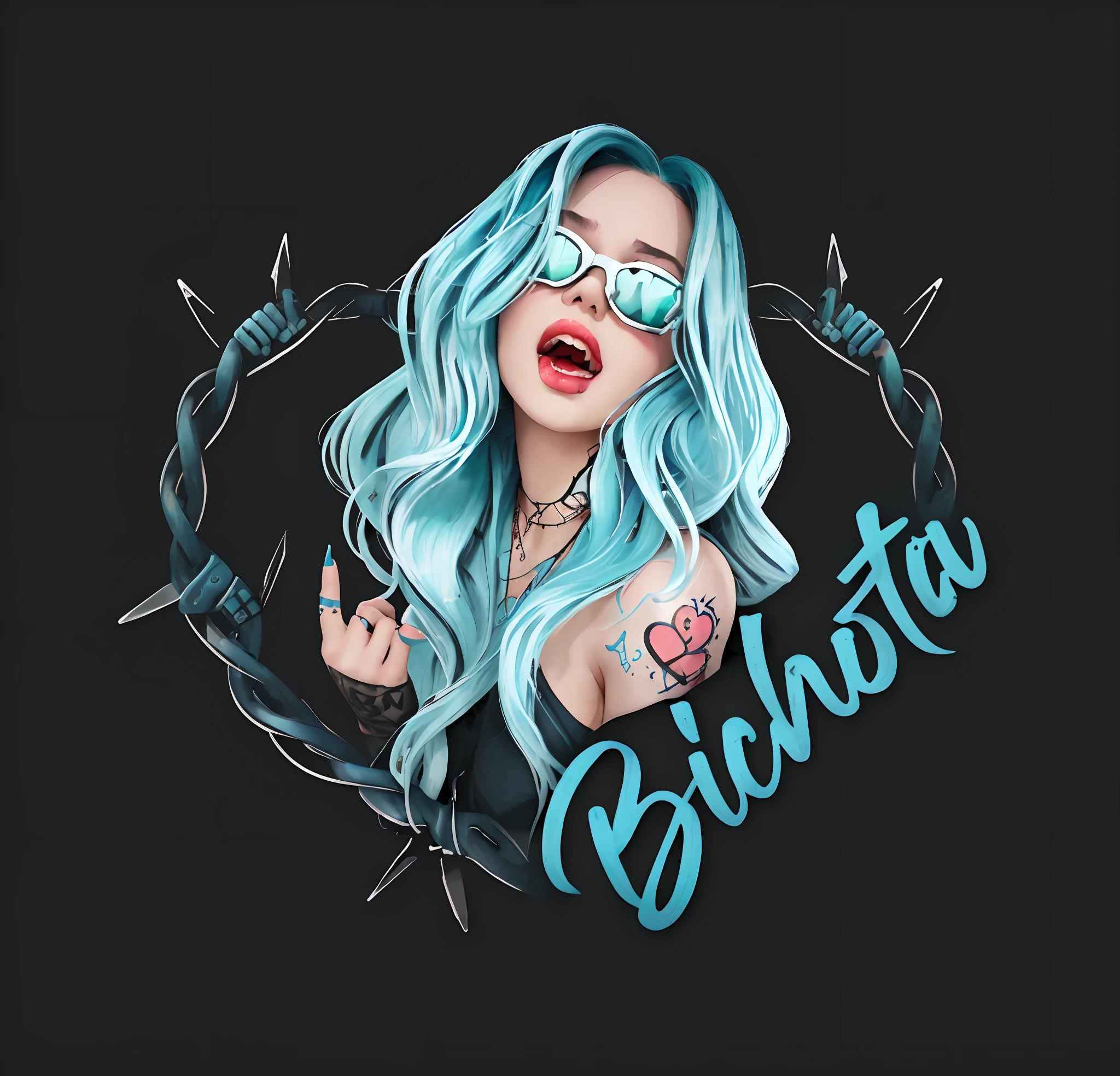 girl with blue hair and sunglasses standing behind barbed wire with tattoo, Bite this tongue, Love made of barbed wire, in the style of cute cartoonish designs, light turquoise, philippe buchet, rap aesthetics, thechamba, logo