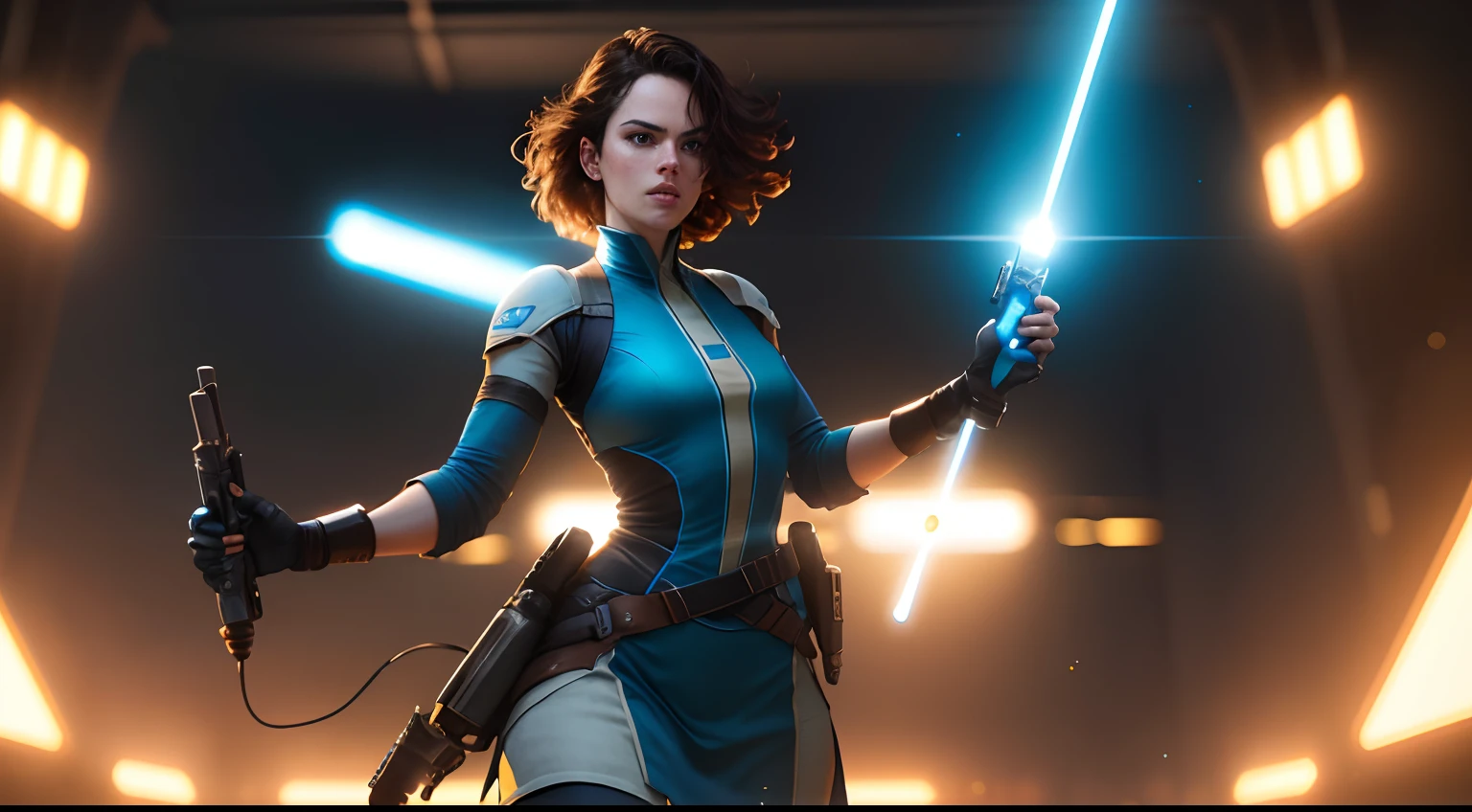 Hot Sci fi action of Daisy Ridley having blue energy photography, natural light, photorealism, cinematic rendering, ray tracing, the highest quality, the highest detail, Cinematic, Third-Person View, Blur Effect, Long Exposure, 8K, Ultra-HD, Natural Lighting, Moody Lighting, Cinematic Lighting