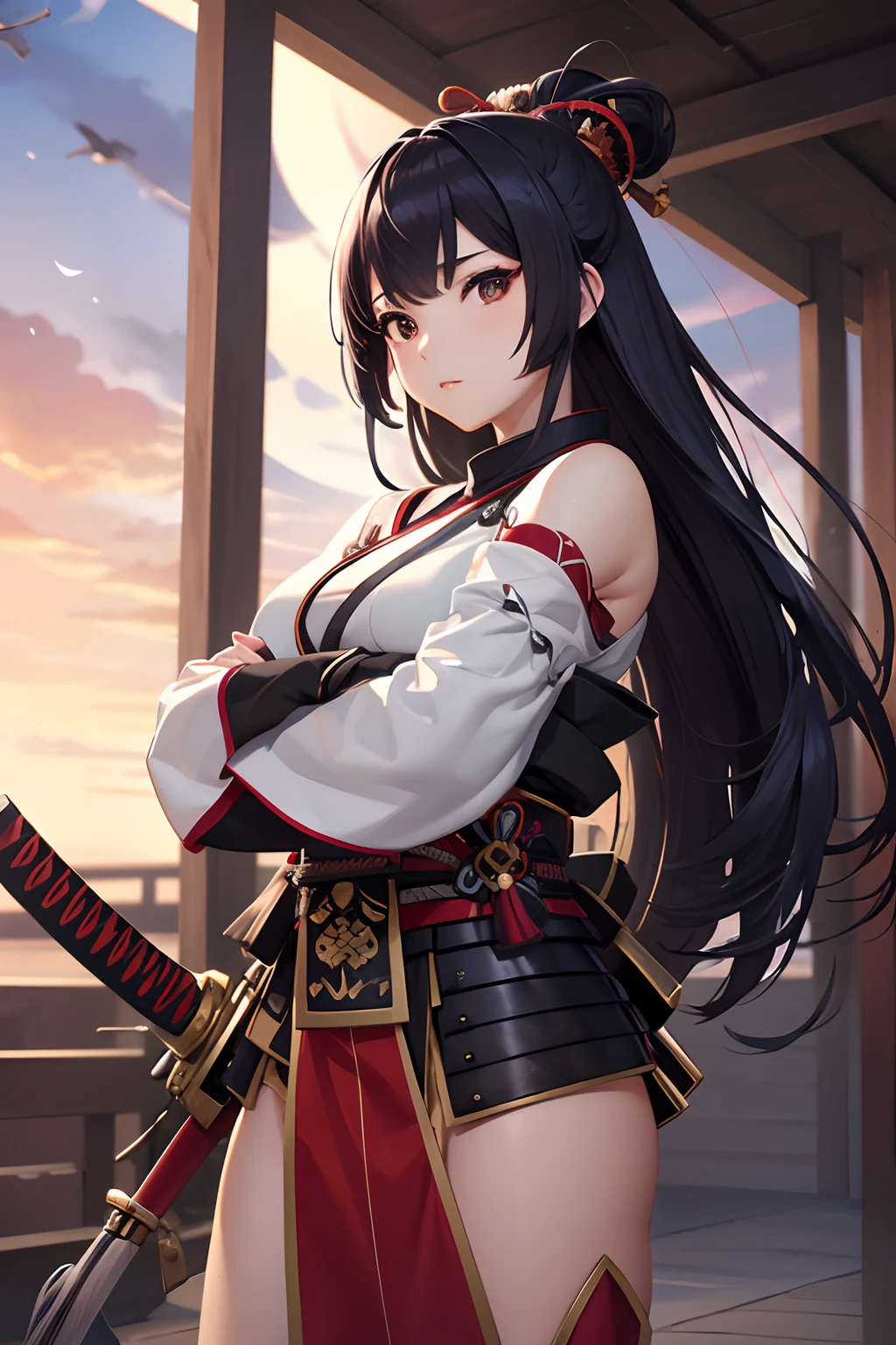 Beautiful female samurai of the Warring States period、Woman with semi-long hair、Samurai's Idetouch、Samurai Pose、Big sword、、The appearance of the samurai、Computer Graphics Art、。.。.。.。.。.。.。.。.。.。.。.3D、hight resolution、top-quality、The upper part of the body、8K Character Concept、32K、pixiv、illustratio、 ultra-detailliert、hyperdetailed face、Megapixel、 Ultra High Definition HDR、Clair、Overdecoration
