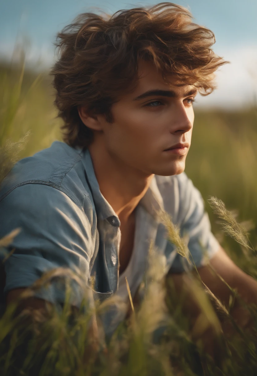 4k realistic, 25 years old, boy, grass, nature, messy hair, short hair