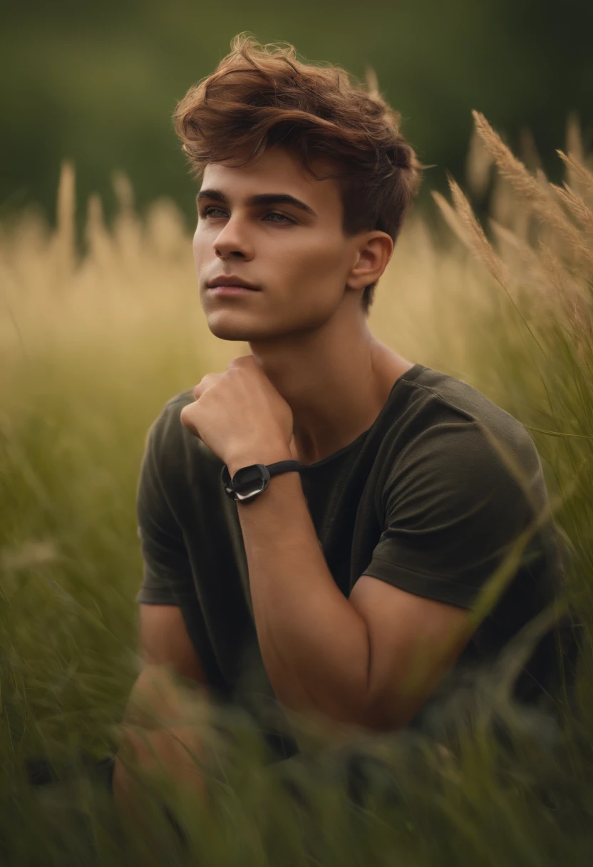 4k realistic, 25 years old, boy, grass, nature, messy hair, short hair