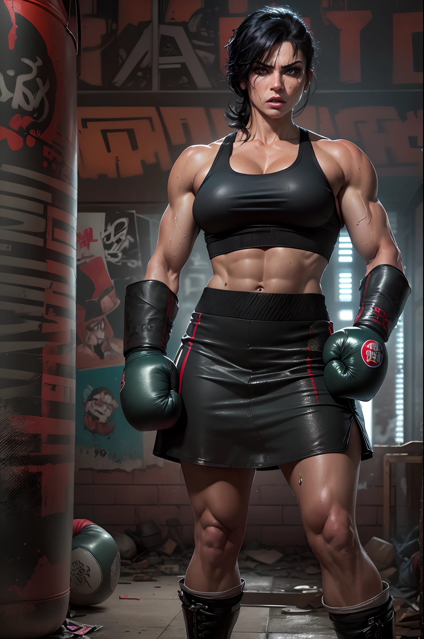 (best quality,highres:1.2),(ultra-detailed),(realistic:1.37),(HDR,UHD),(physically-based rendering), (Denise Milani as a sexy busty muscle boxing girl in a grungy boxing gym punching a punching bag and sweating heavily ),(wearing a black leather knee-length boxing skirt),((short jet-black hair))(cyborg),(topless),(fighting in an abandoned factory),(deadly fighting action),(NSFW), (portraits),(vivid colors),(dark tones),(intense lighting),(metallic textures),(dystopian atmosphere), (neon lights),(dramatic angles),(broken windows),(graffiti),(sparks),(shattered concrete),(petrified facial expressions), (sweat dripping),(martial arts),(expressive eyes),(determined looks),(adrenaline),(fierce combat),(sinister backgrounds), (blurry motion),(muscular physiques),(gritty environment),(strong poses)
