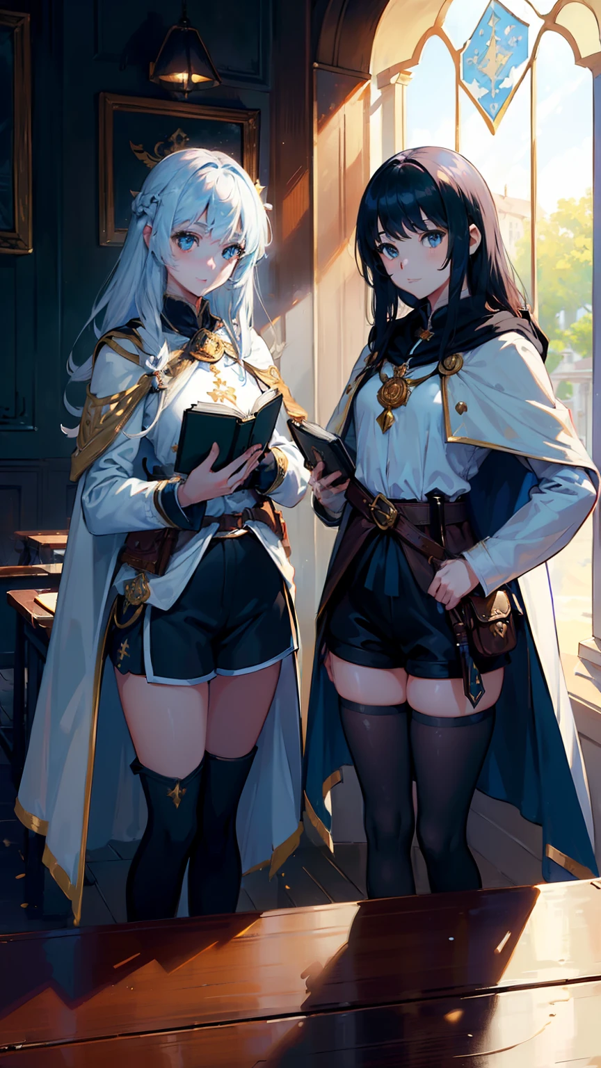 (((((2 girls))))), masterpiece, ultra detailed, 8K Portrait, Raw photo, girls photography, full body, Highly detailed face, ((Fantasy)), 15 years old, (((classmates))), smile, various hairstyles and hair color, (((white long tunic with a single vertical blue line))), (((black shorts))), (((white cape with coat of arms))), (((little waist hip pouch))), leather boots, various pose, ((holding magic book)), In the classroom of the medieval magic school, Midday Sun, Hyper realistic, Ambient lighting, Shadow details , Camera focus on face, strong breeze, Light fog