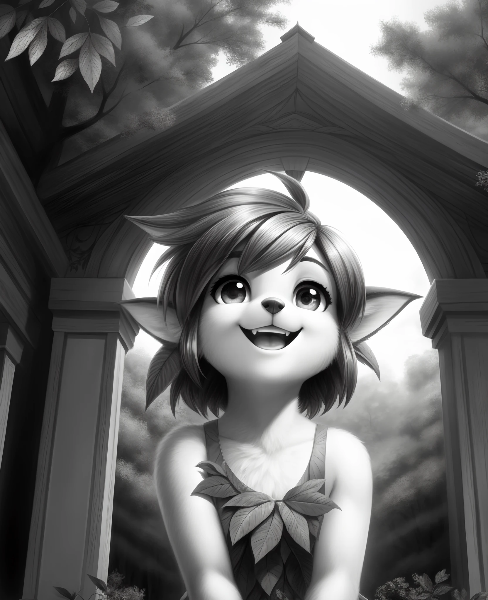 aogami,,, elora furry, detailed and extremely fluffy body fur, fluff, masterpiece, looking up beautiful surroundings, detailed background, happy, leaf-dress,,, Meta monochrome , monochrome