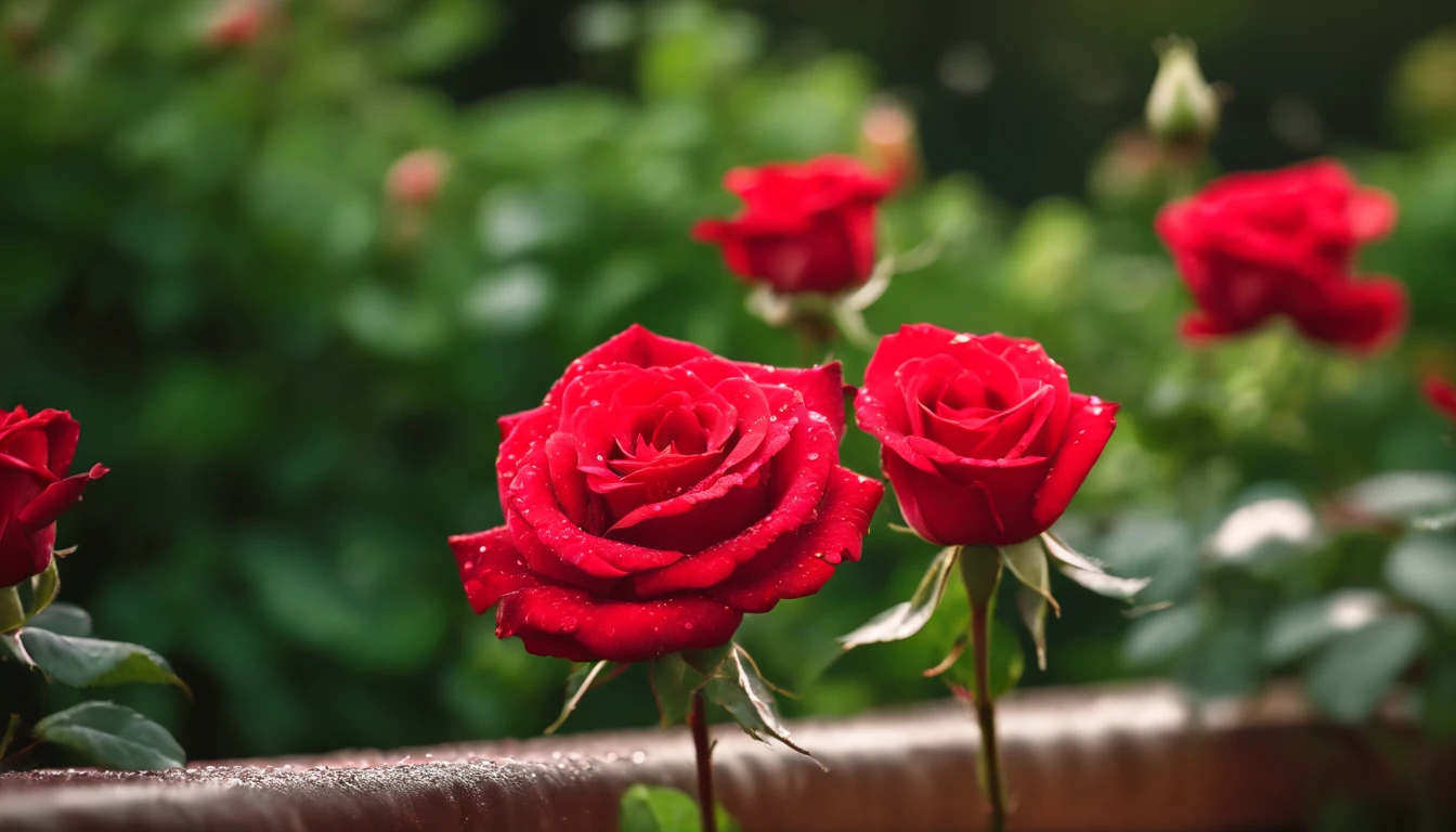 Many red rose flowers in the garden and sunlight with bokeh, dew drops on flower petals (masterpiece, ultra quality, high resolution, 8k, intricate: 1.2), (masterpiece), (best quality:1)