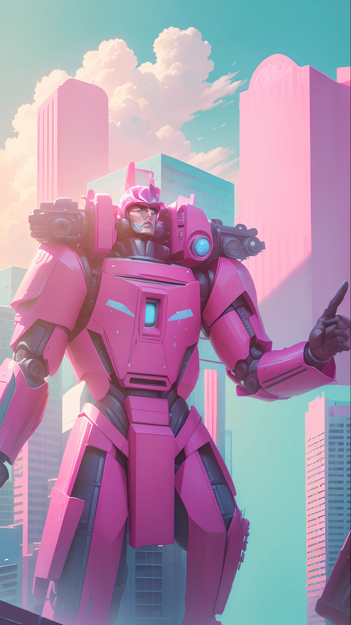 barbie Doll style: Ken. (A giant Man Robot Charracter), (Pink and cyan Background), (outdoor, building, sky), Giant, Toy.