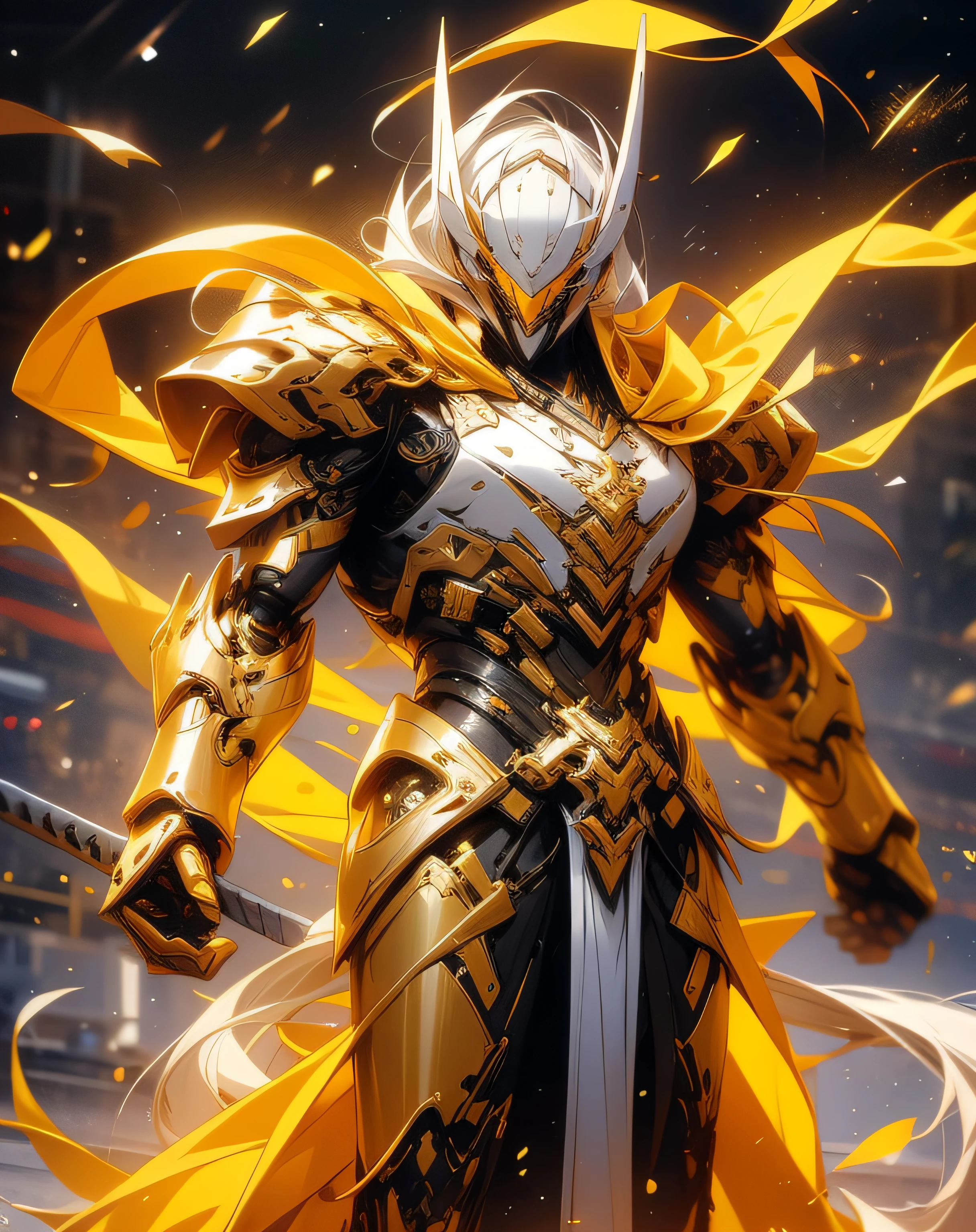 super wide shot, Full body frontal photo,Mecha male warrior, Jade Emperor style,《The mech colors are gold and silver-white》,(《Holding the Xuanyuan sword》,The sword is full of futuristic technology,),(Full body mecha), Keqing from Genshin Impact, (Masterpiece) , The best quality, High quality,Gold armor,电影灯光, (Exquisite future), Beautiful and beautiful, Ultra detailed, great composition, Floating, Depth of field, (Very detailed CG,Unity 8k壁纸), (Beautiful detail background), dramatic lights, GOGETTA, Mecha,best qualtiy,超高分辨率,