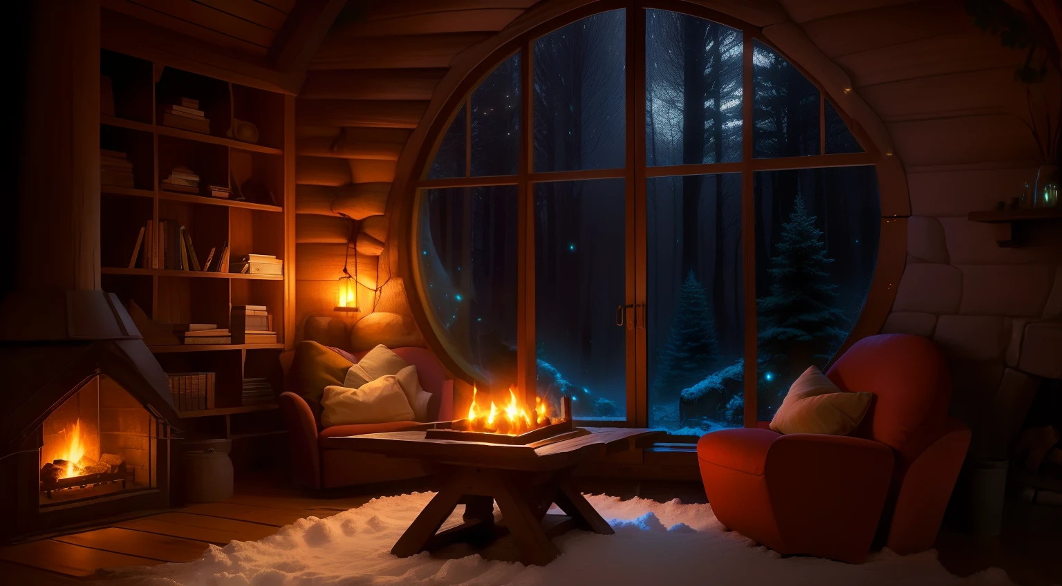 arafed room with a fireplace and a window with a view of the woods, large windows to forest at night, cozy place, cozy and peaceful atmosphere, cosy enchanted scene, cozy night fireflies, magical environment, cozy atmospheric, comfy ambience, cozy environment, inside on a rainy day, relaxing environment, in his hobbit home, interior of a hobbit hole